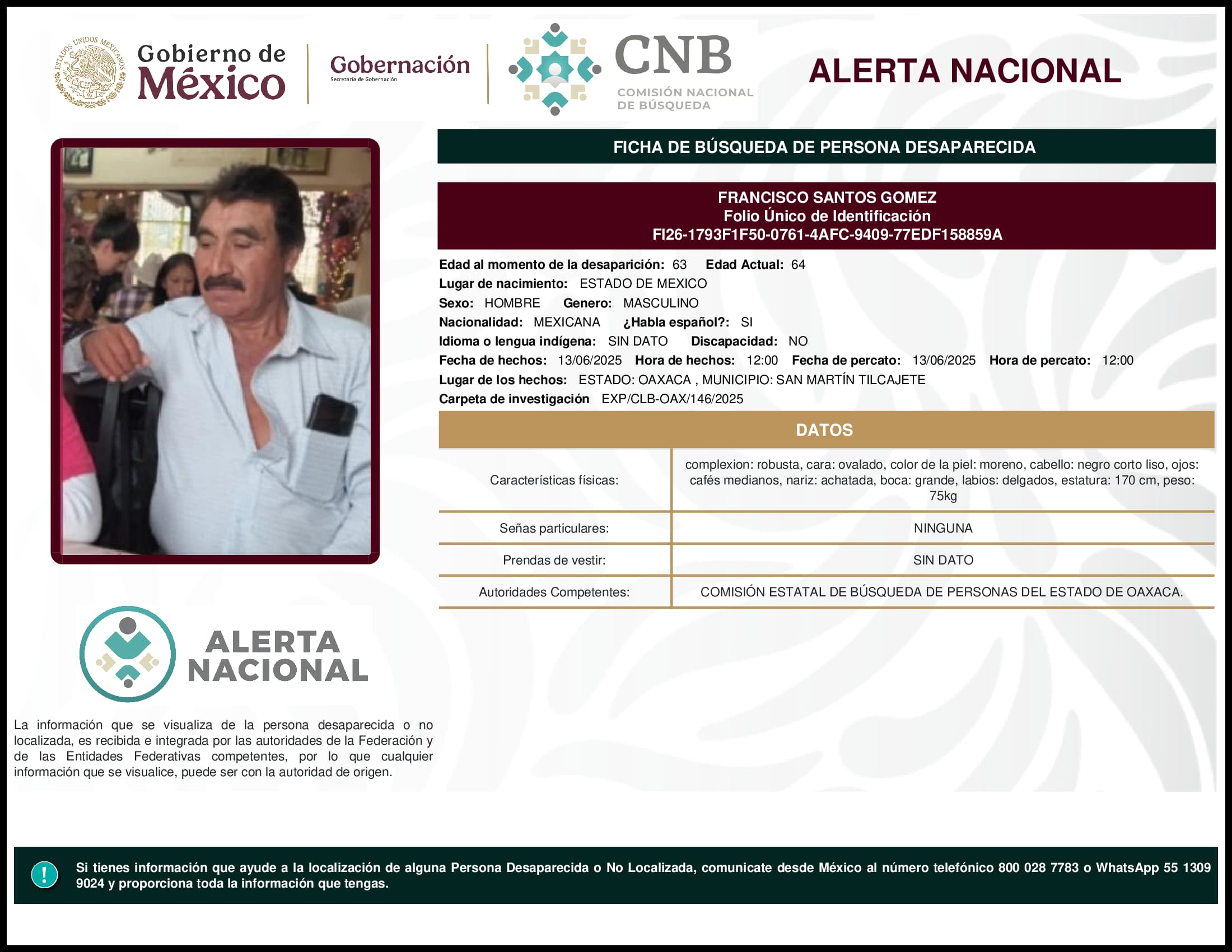 Persona desaparecida Francisco Santos Gomez