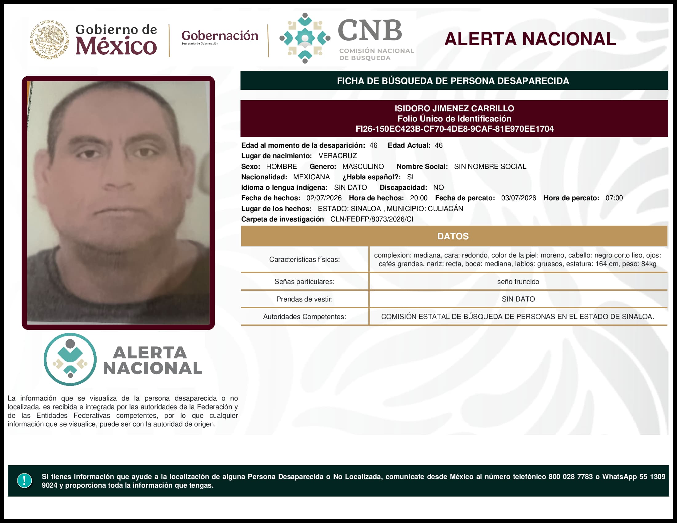 Persona desaparecida Isidoro Jimenez Carrillo