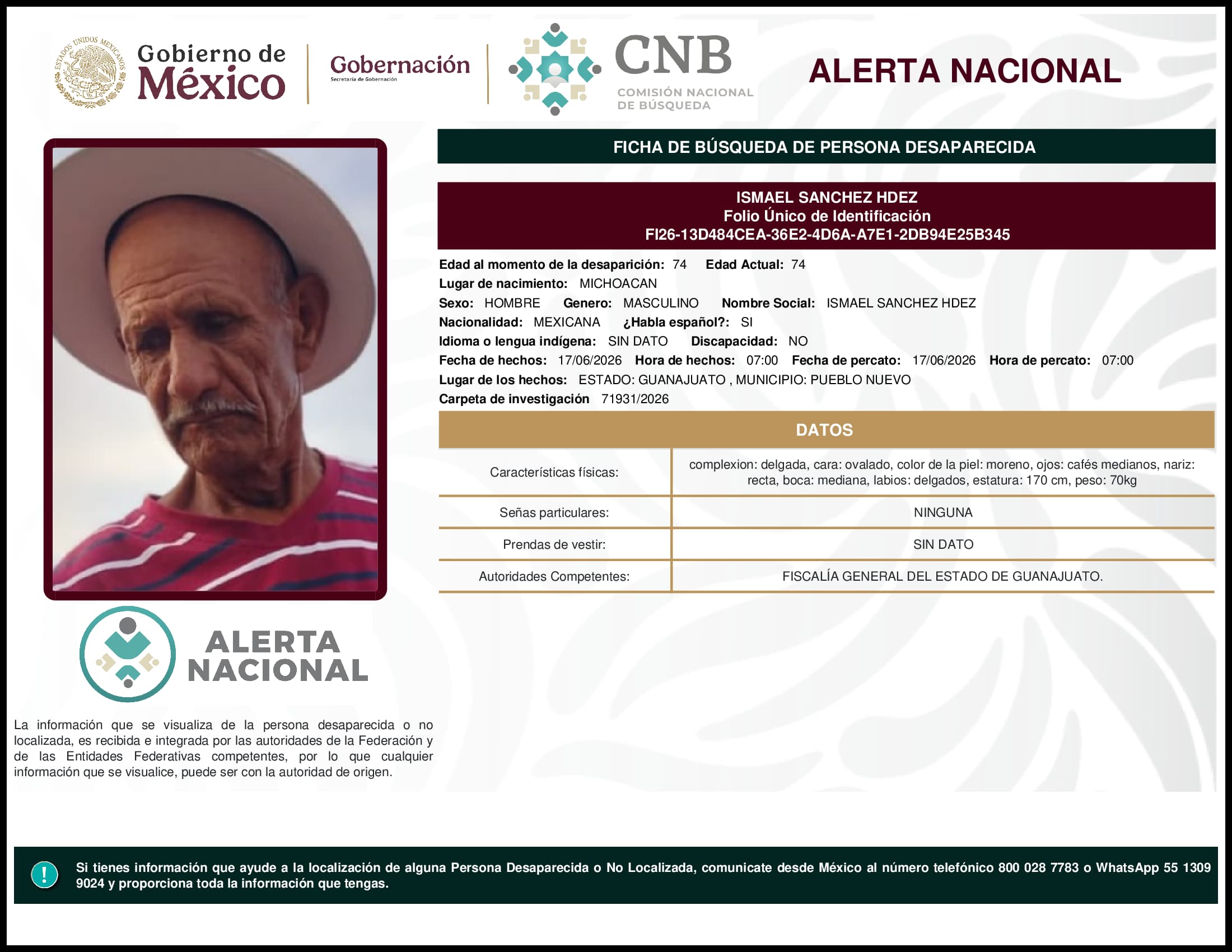 Persona desaparecida Ismael Sanchez Hdez