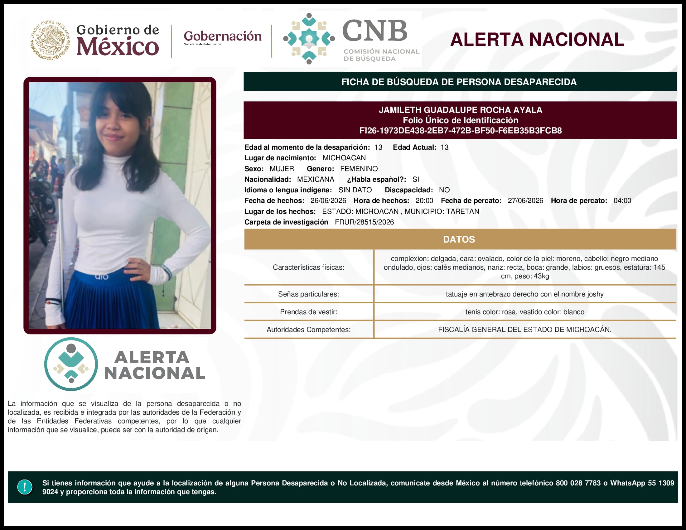 Persona desaparecida Jamileth Guadalupe Rocha Ayala