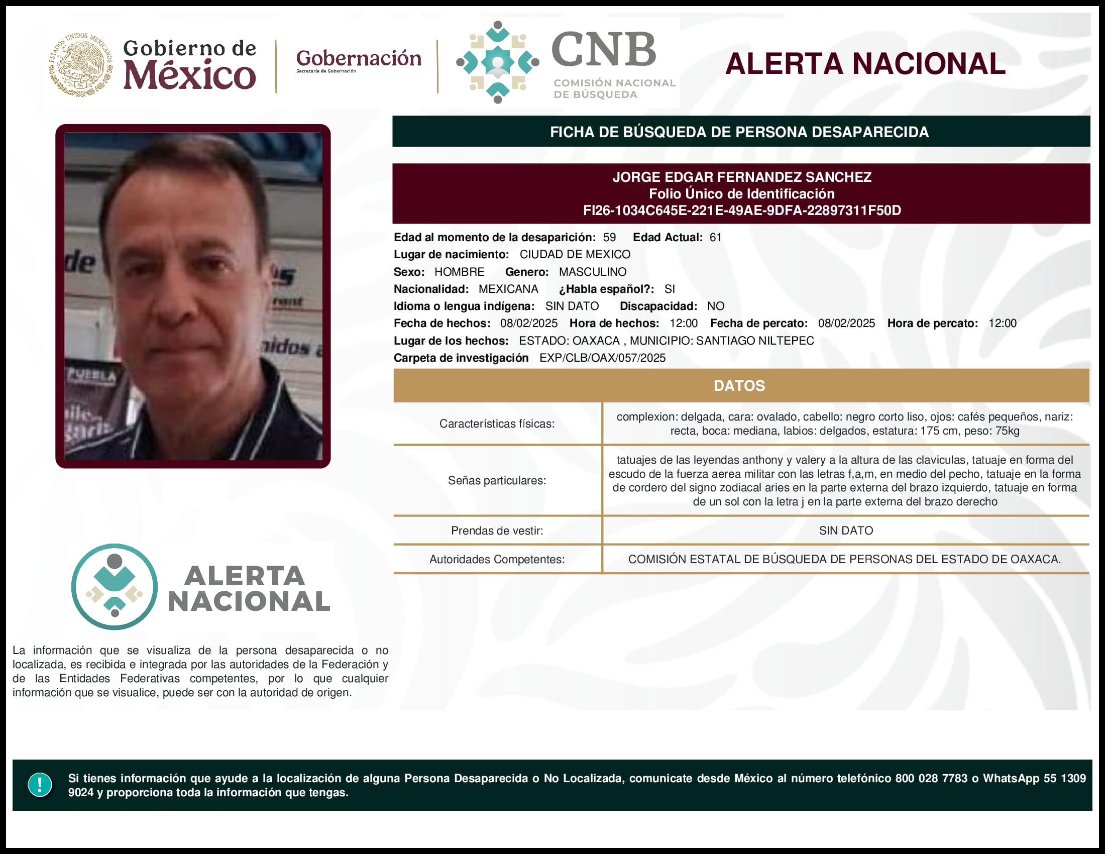 Persona desaparecida Jorge Edgar Fernandez Sanchez