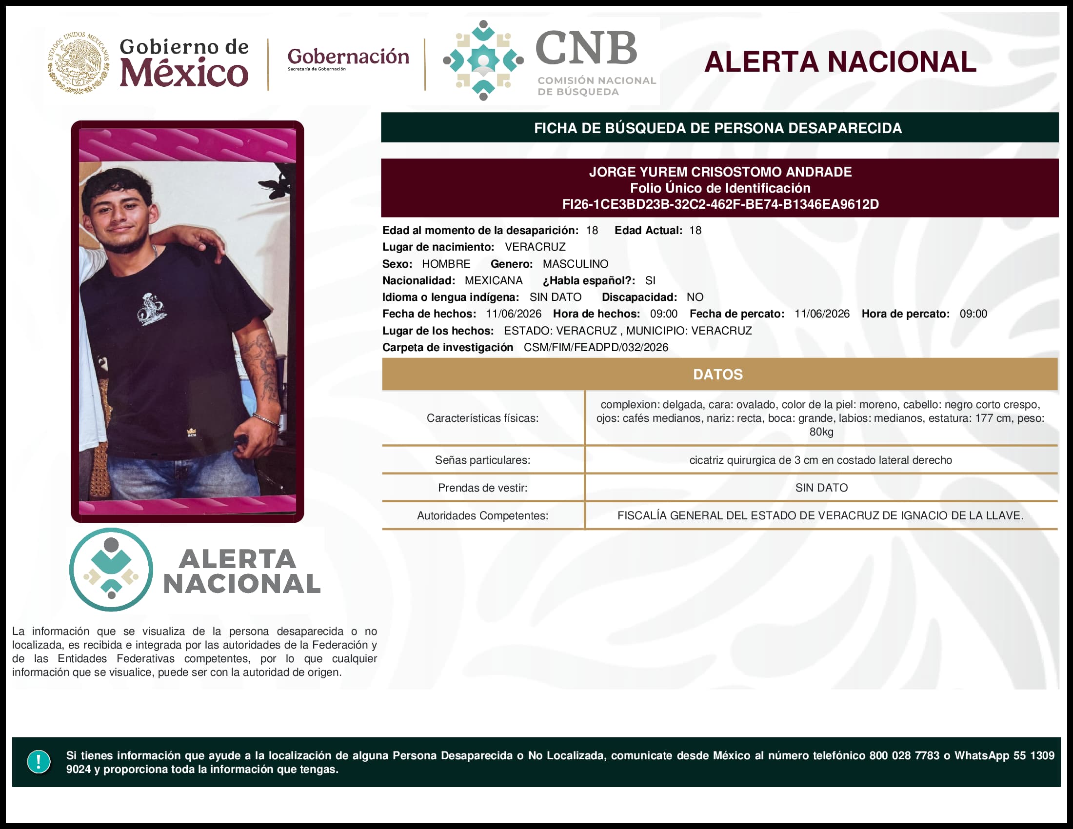 Persona desaparecida Jorge Yurem Crisostomo Andrade