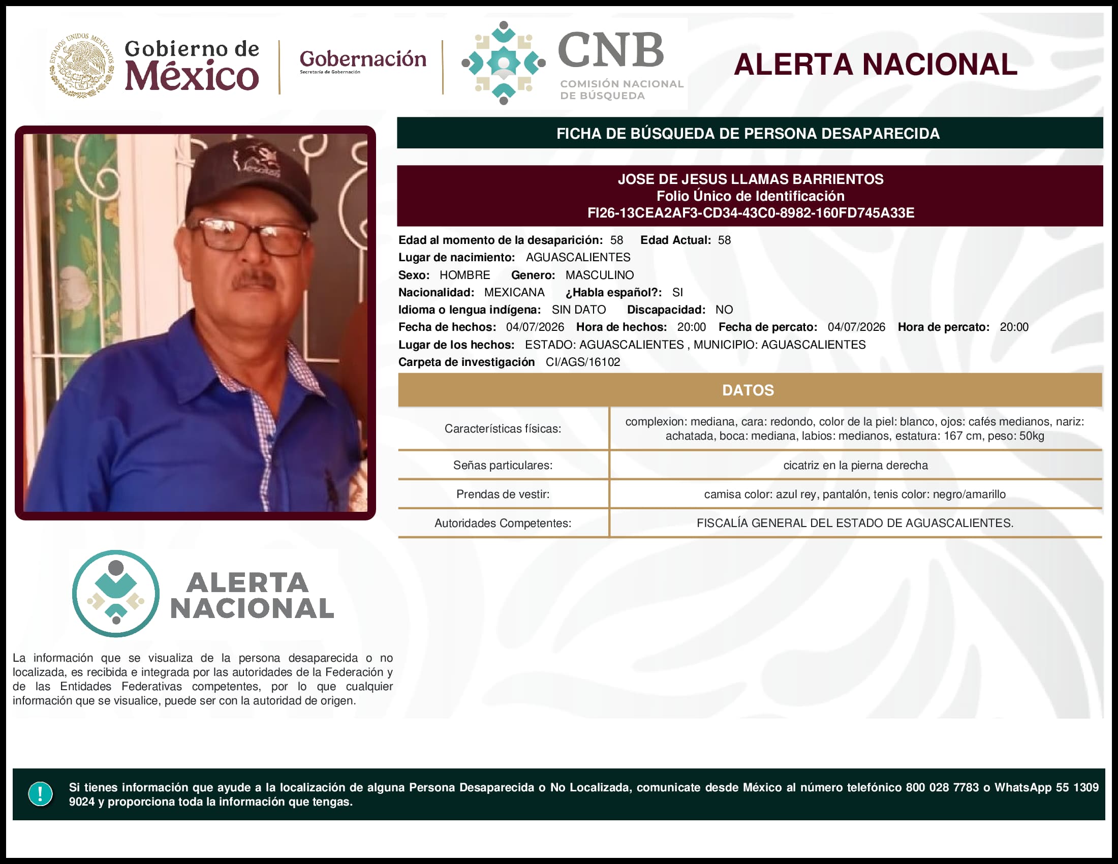 Persona desaparecida Jose De Jesus Llamas Barrientos