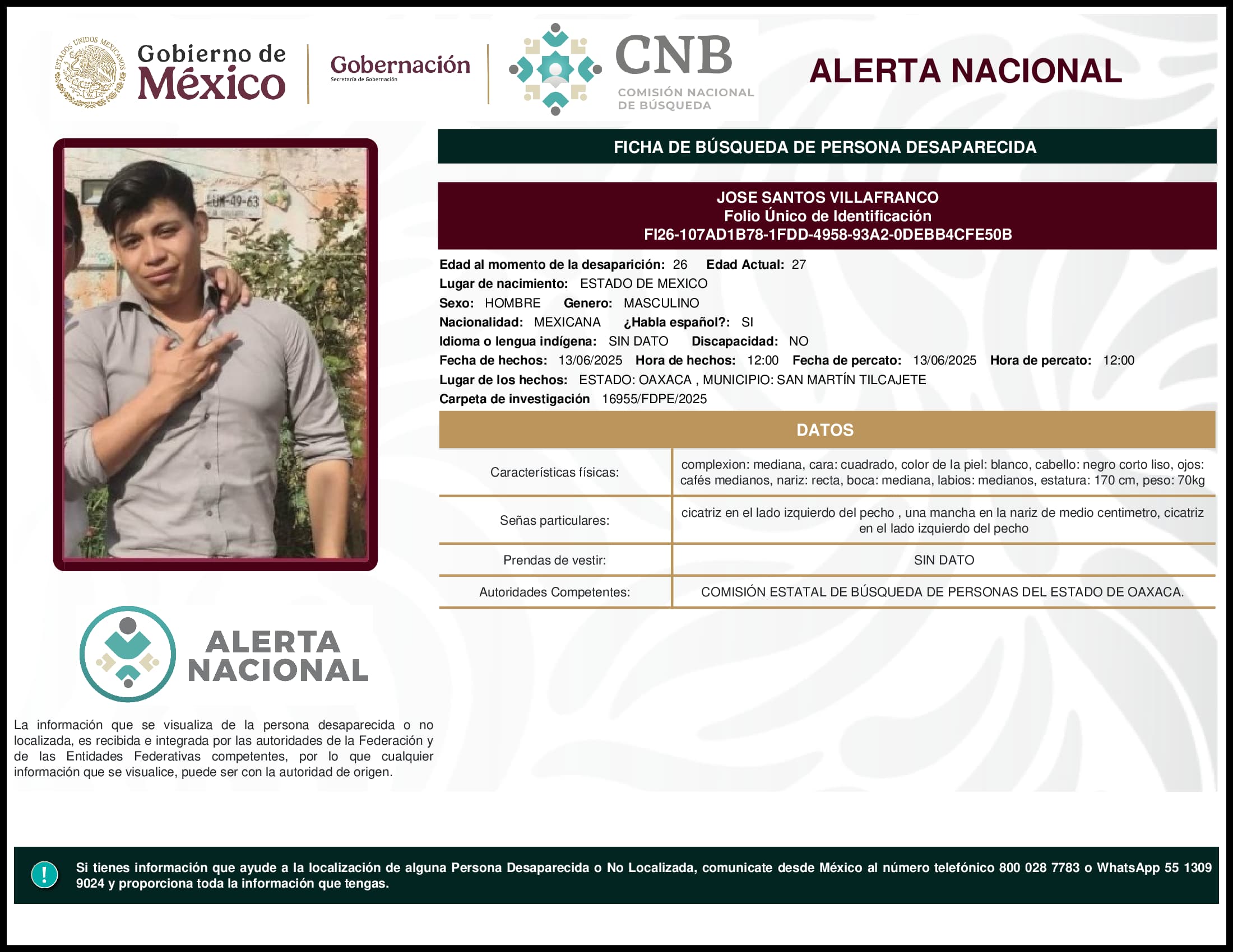 Persona desaparecida Jose Santos Villafranco