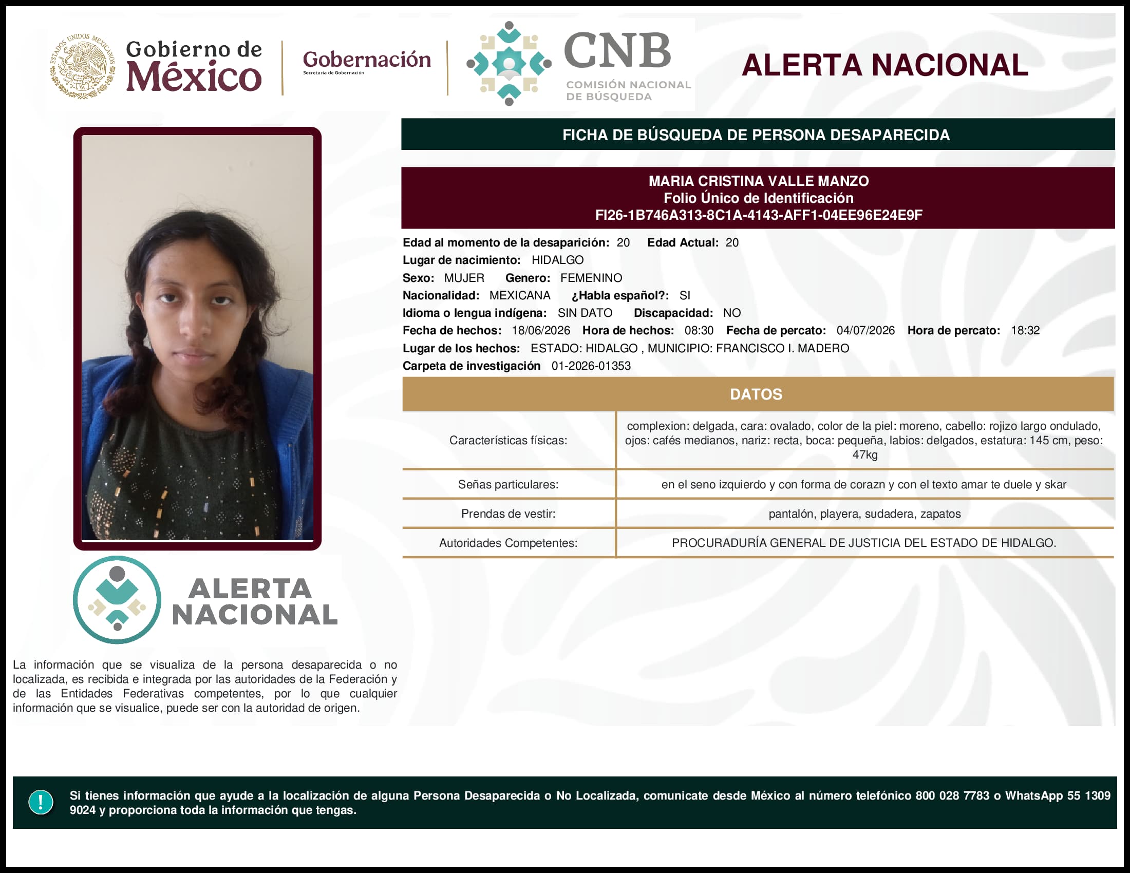 Persona desaparecida Maria Cristina Valle Manzo