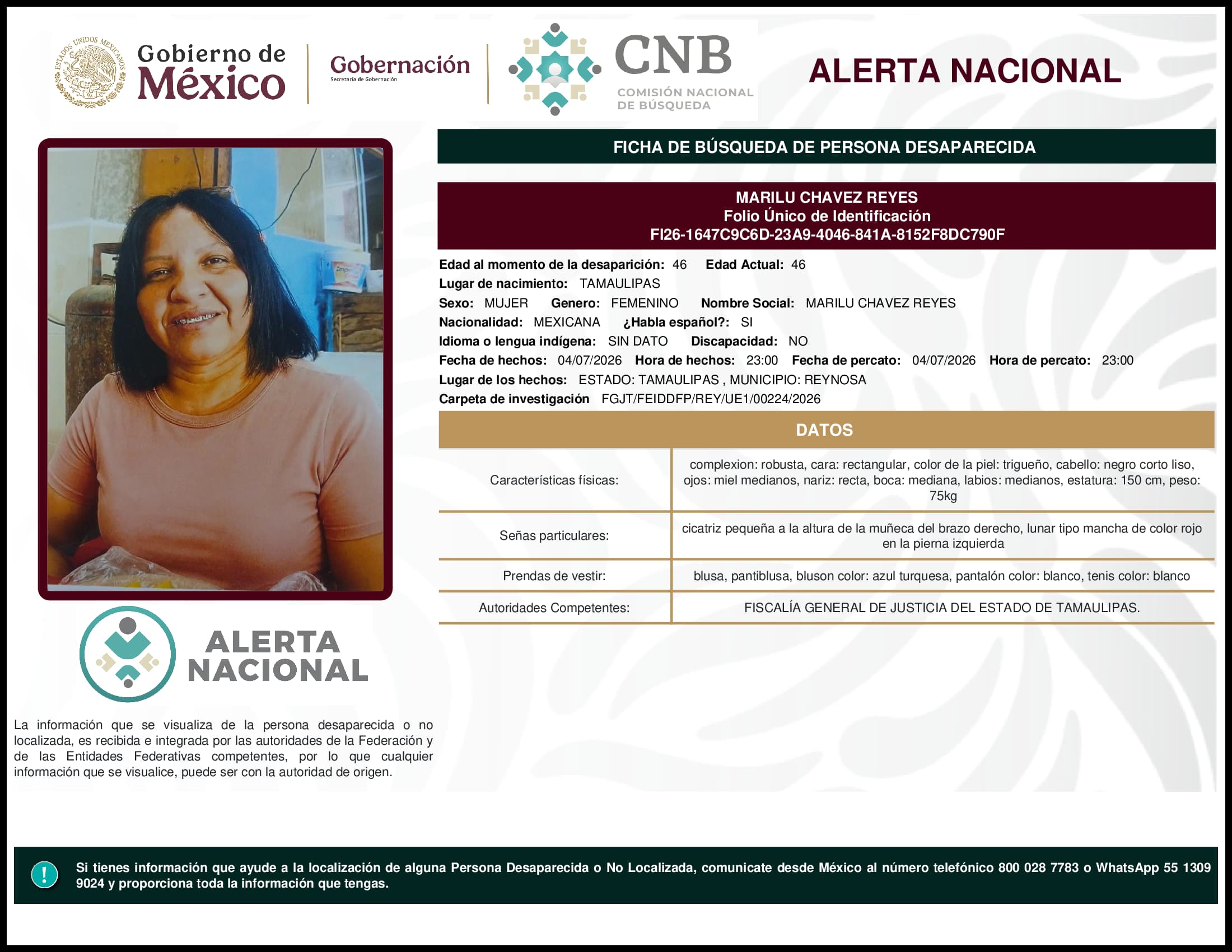 Persona desaparecida Marilu Chavez Reyes