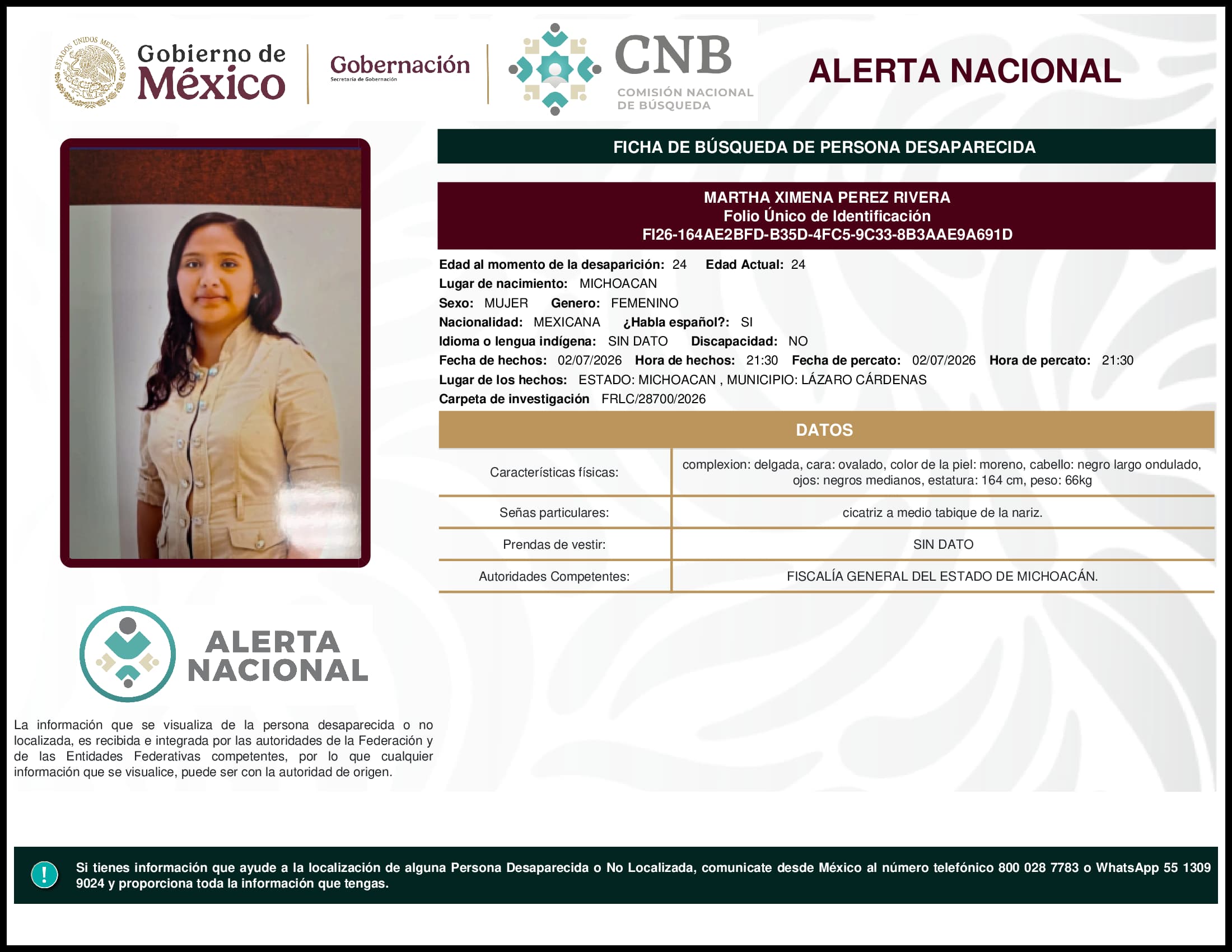 Persona desaparecida Martha Ximena Perez Rivera