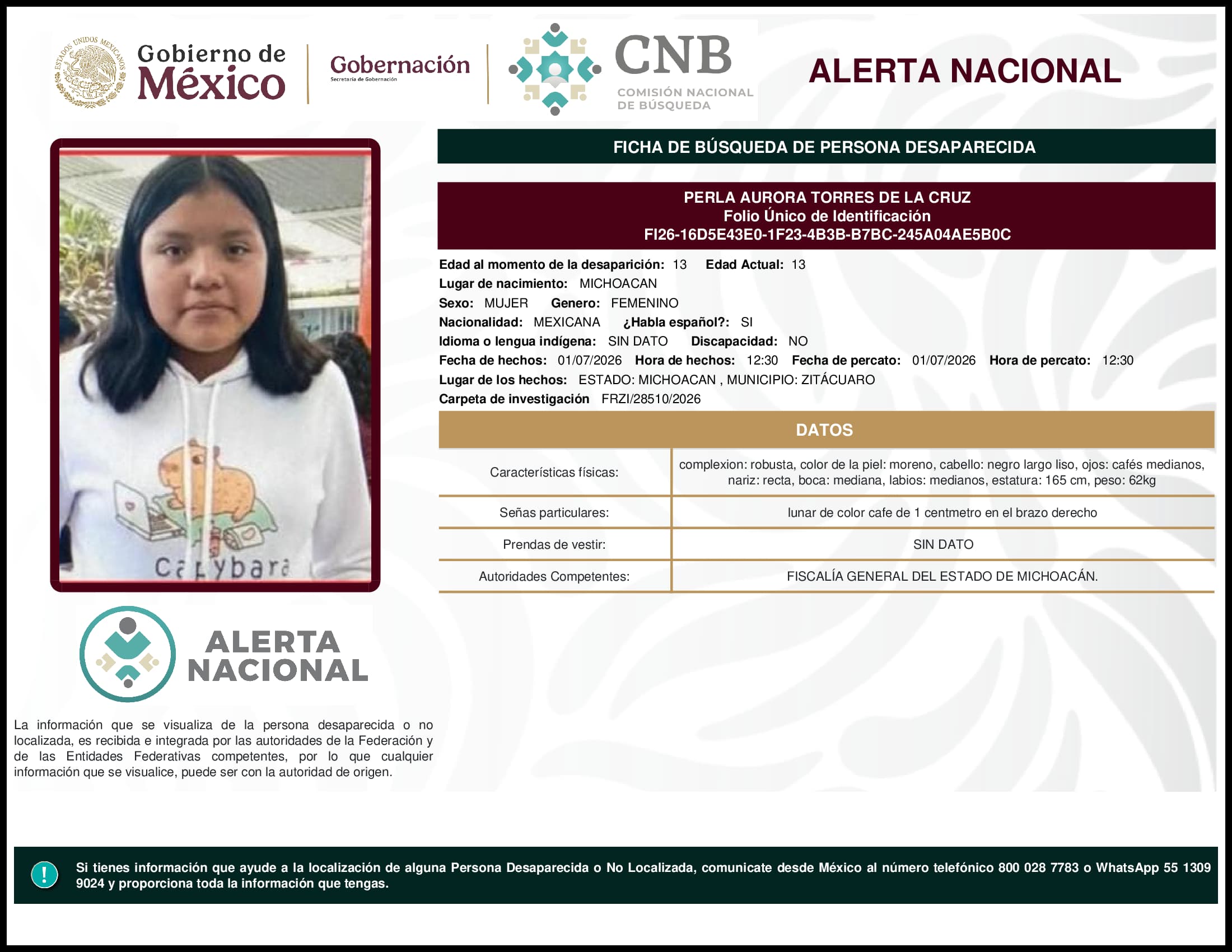 Persona desaparecida Perla Aurora Torres De La Cruz