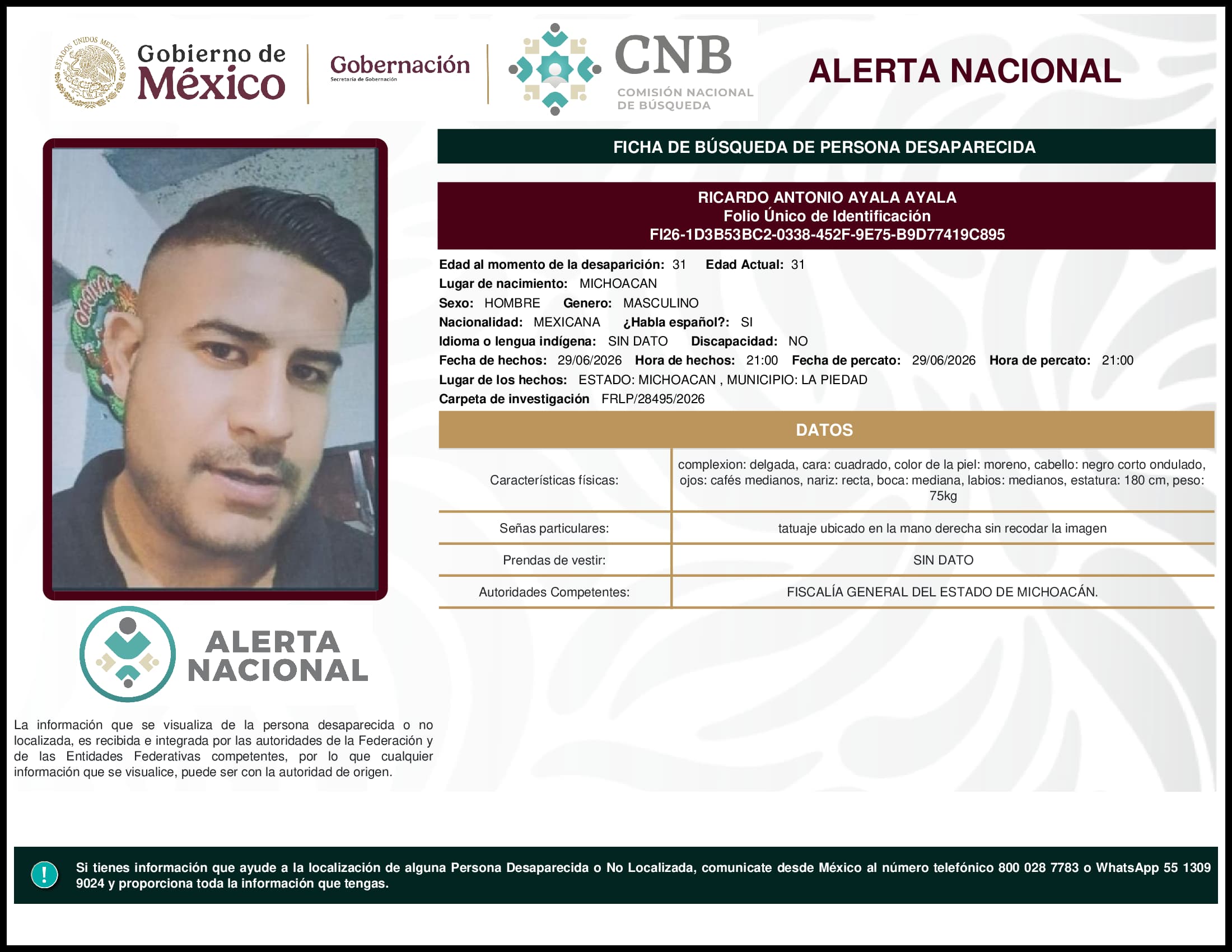 Persona desaparecida Ricardo Antonio Ayala Ayala