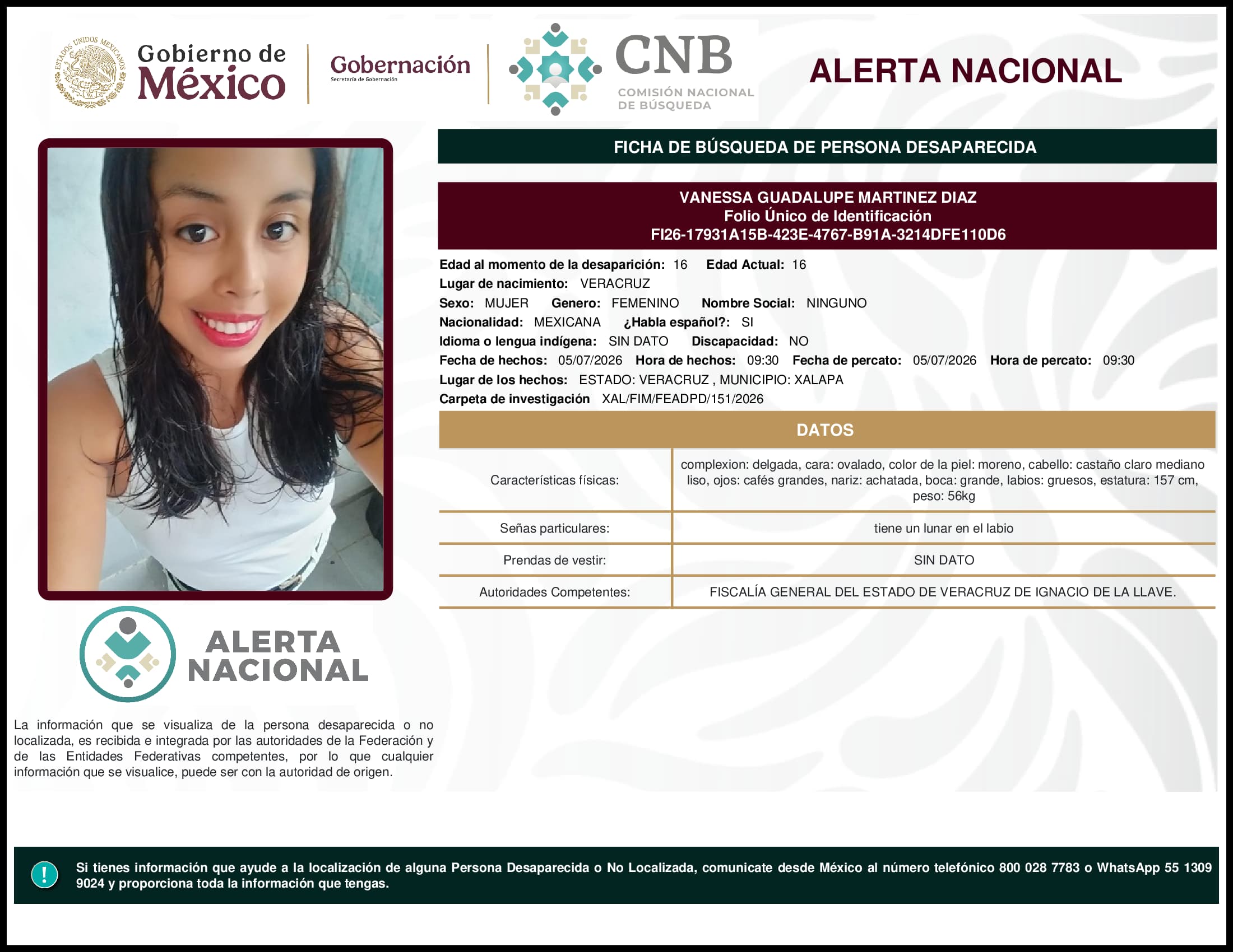 Persona desaparecida Vanessa Guadalupe Martinez Diaz