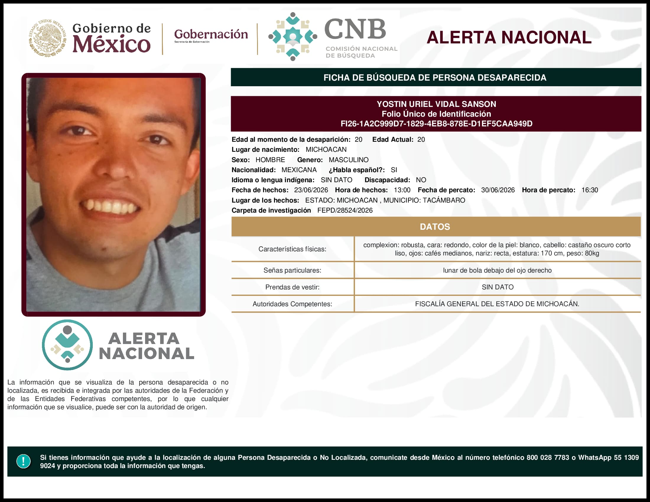 Persona desaparecida Yostin Uriel Vidal Sanson