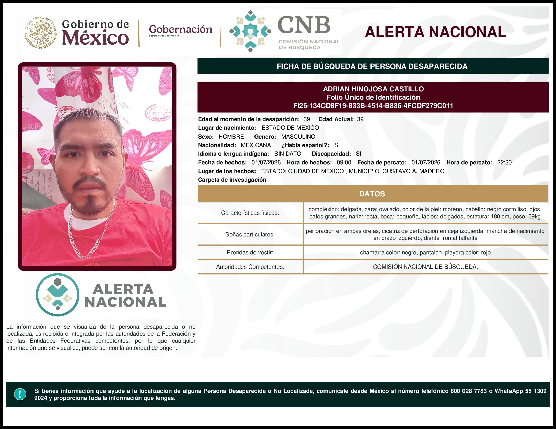 Persona desaparecida Adrian Hinojosa Castillo