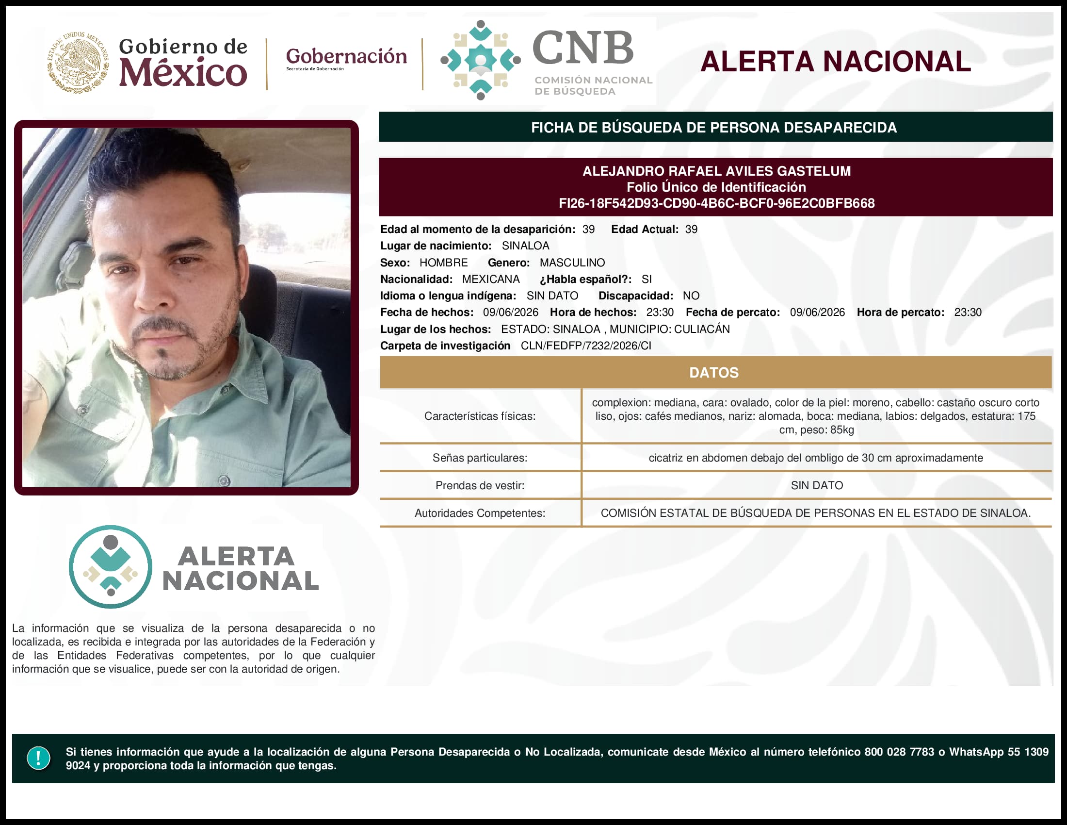 Persona desaparecida Alejandro Rafael Aviles Gastelum