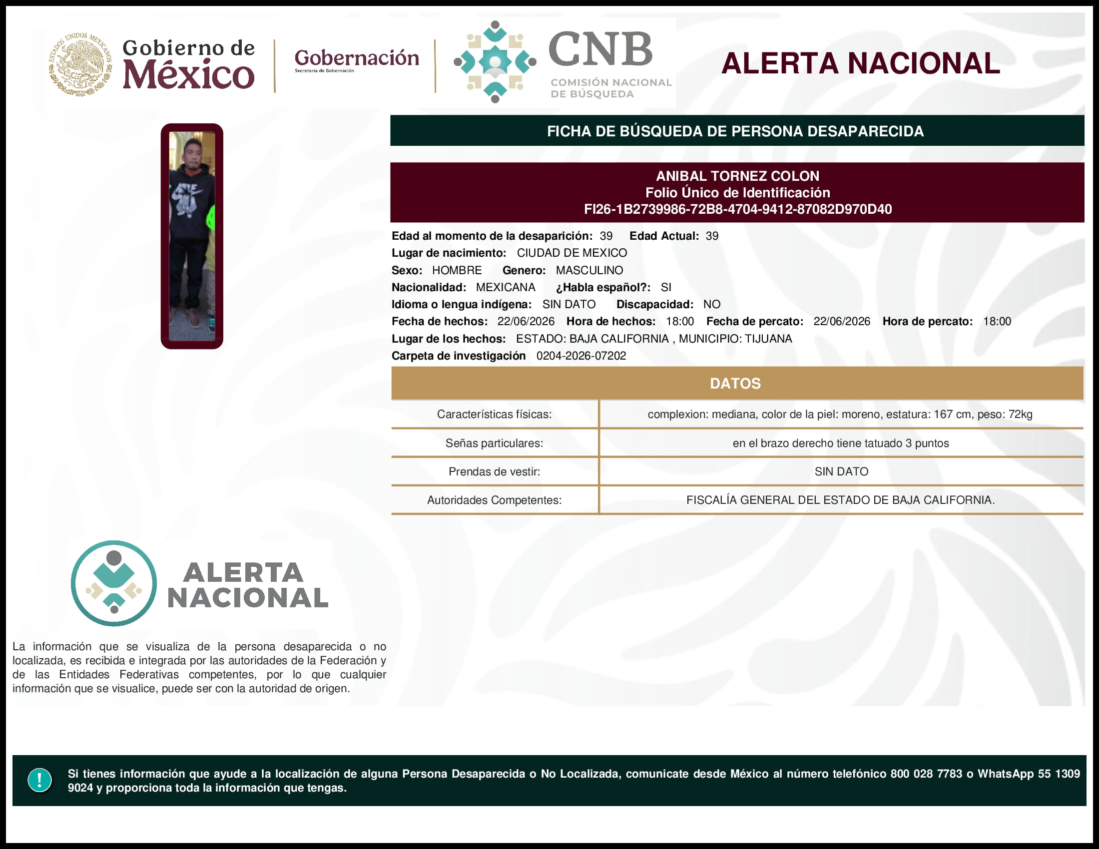 Persona desaparecida Anibal Tornez Colon