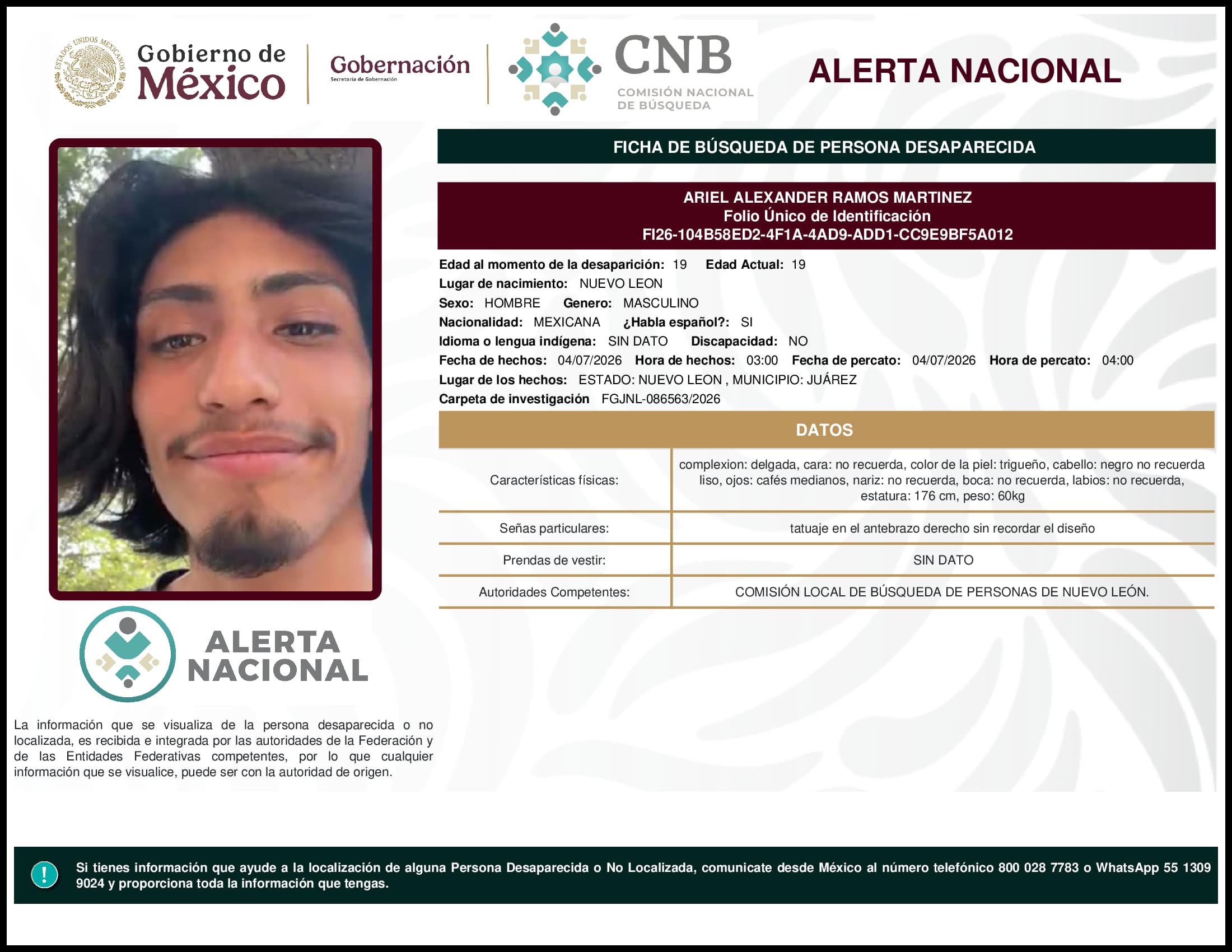 Persona desaparecida Ariel Alexander Ramos Martinez
