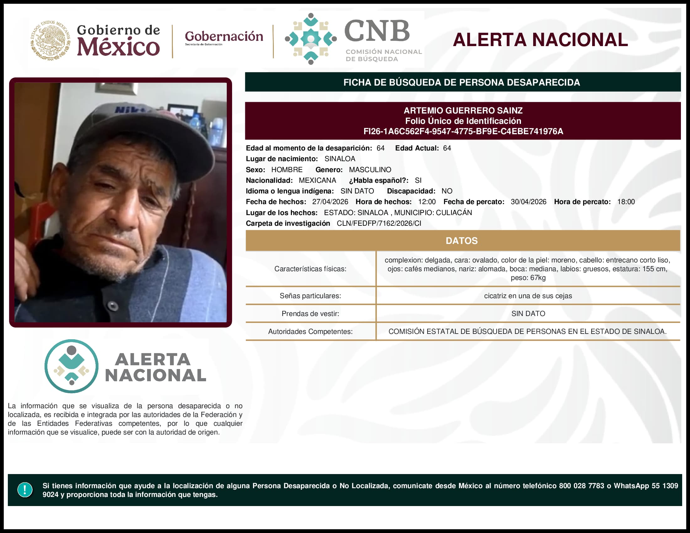 Persona desaparecida Artemio Guerrero Sainz