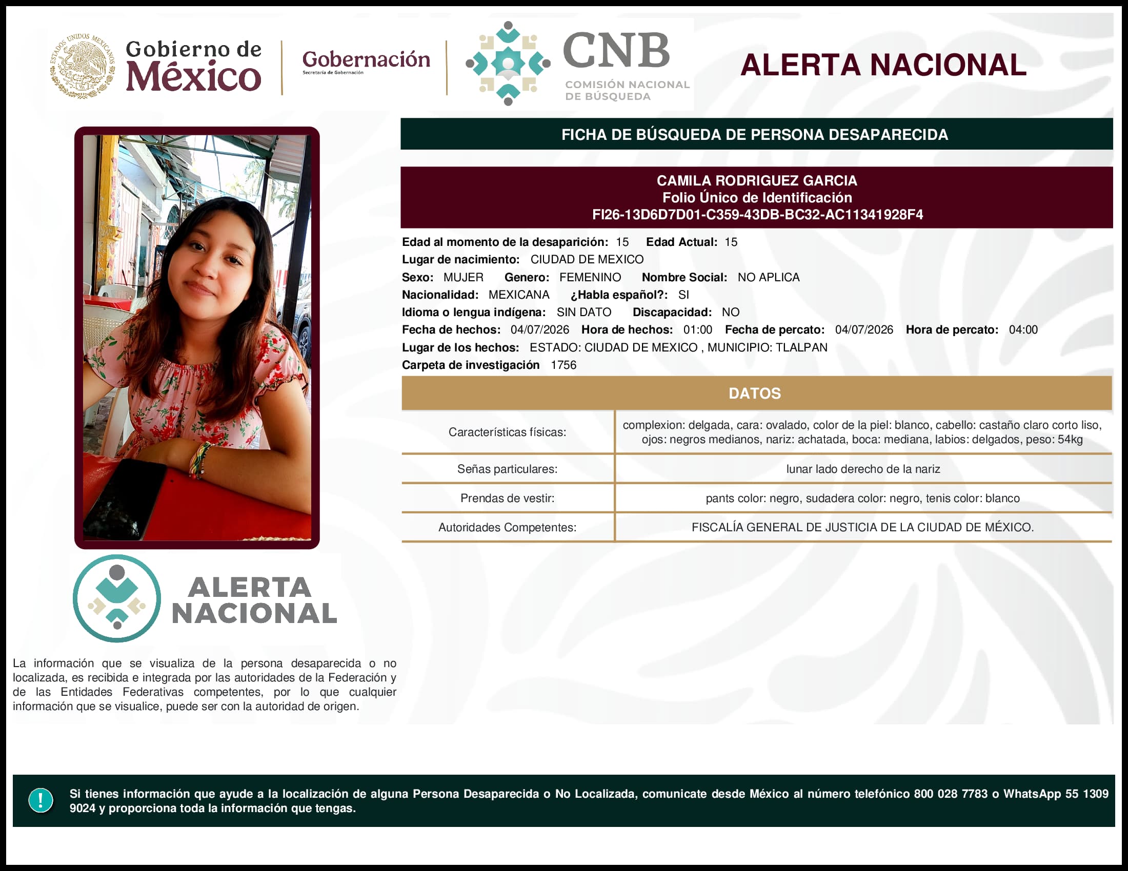 Persona desaparecida Camila Rodriguez Garcia