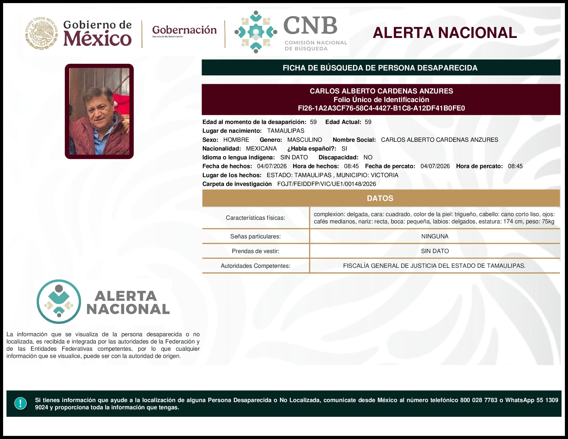 Persona desaparecida Carlos Alberto Cardenas Anzures