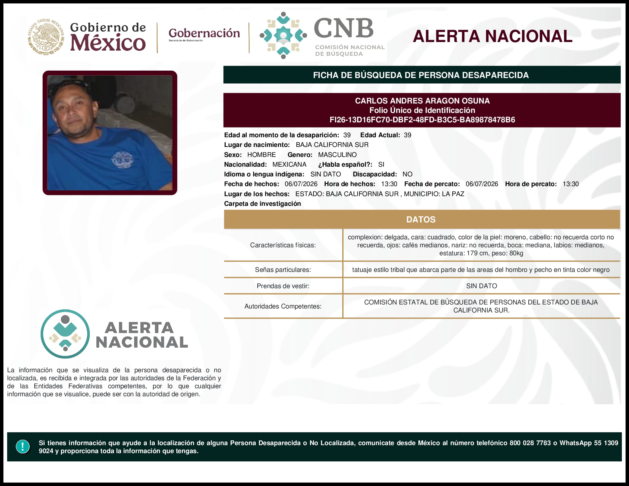Persona desaparecida Carlos Andres Aragon Osuna