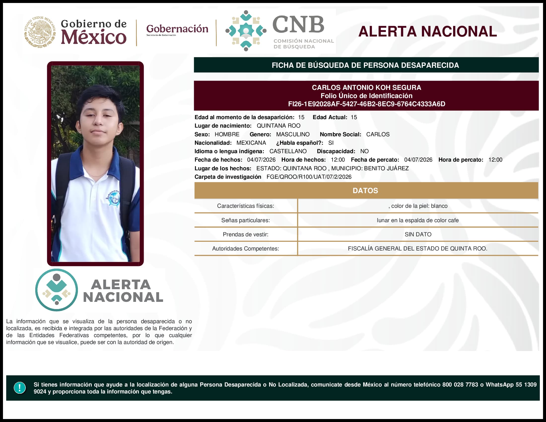 Persona desaparecida Carlos Antonio Koh Segura