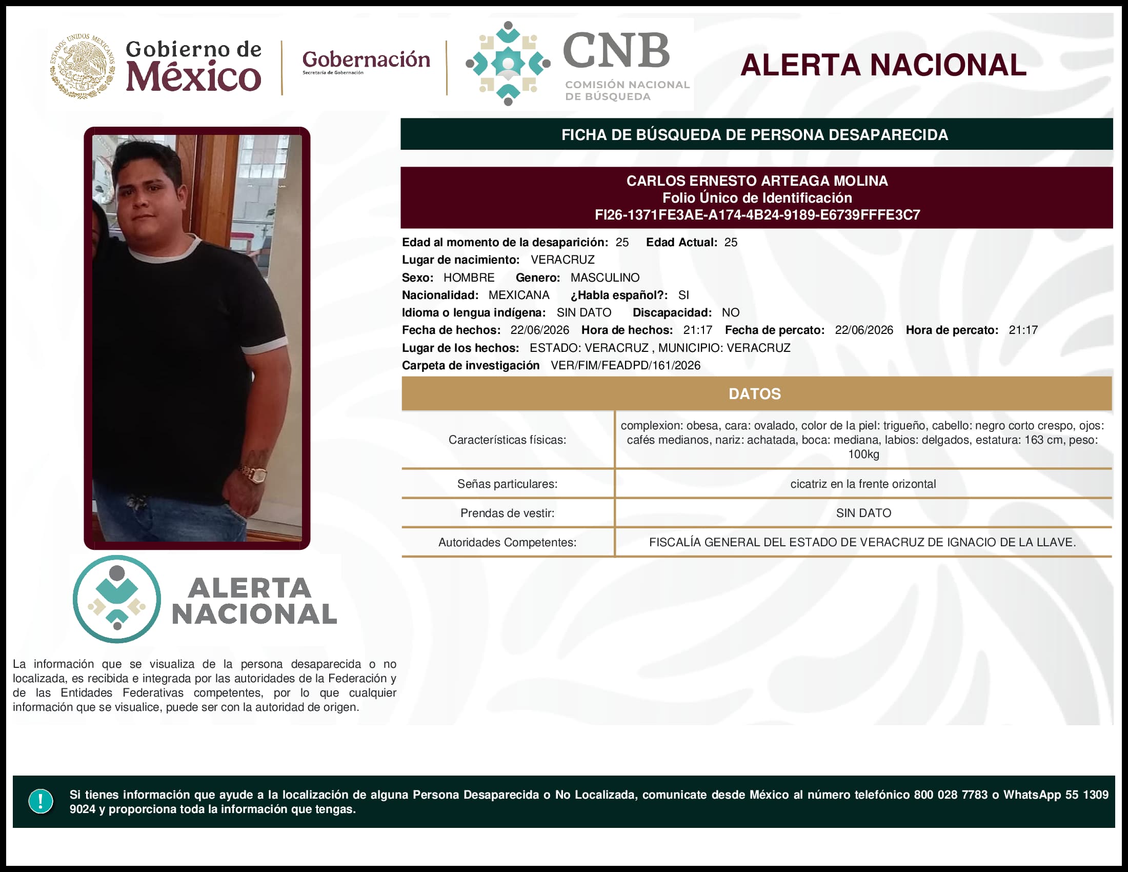 Persona desaparecida Carlos Ernesto Arteaga Molina