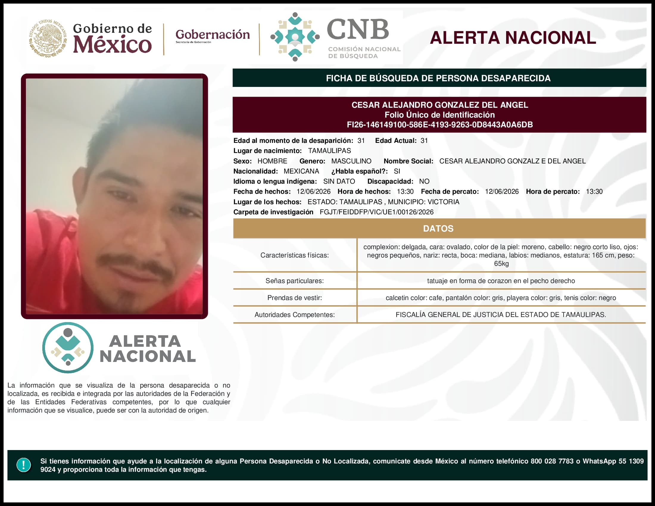 Persona desaparecida Cesar Alejandro Gonzalez Del Angel