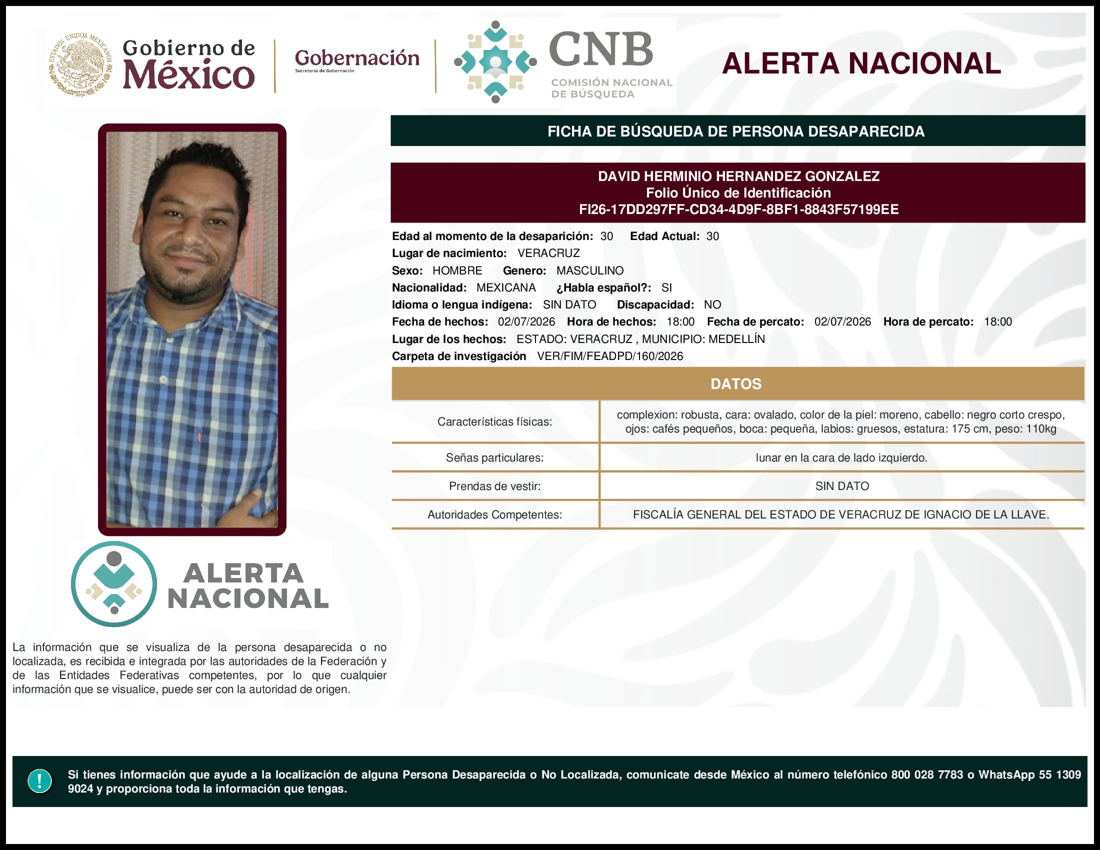 Persona desaparecida David Herminio Hernandez Gonzalez