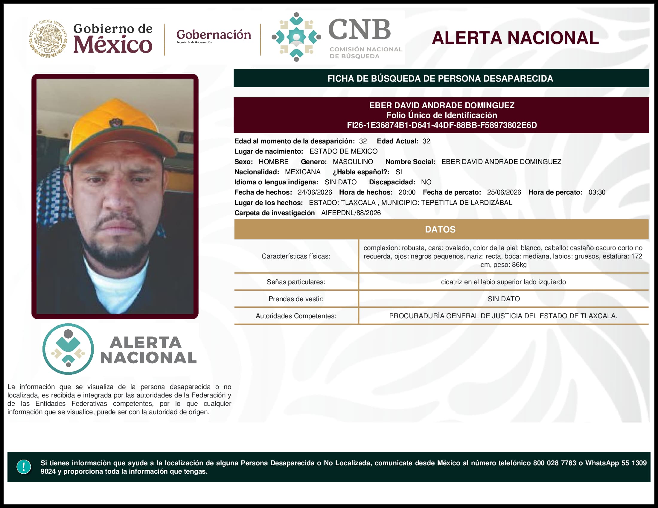 Persona desaparecida Eber David Andrade Dominguez