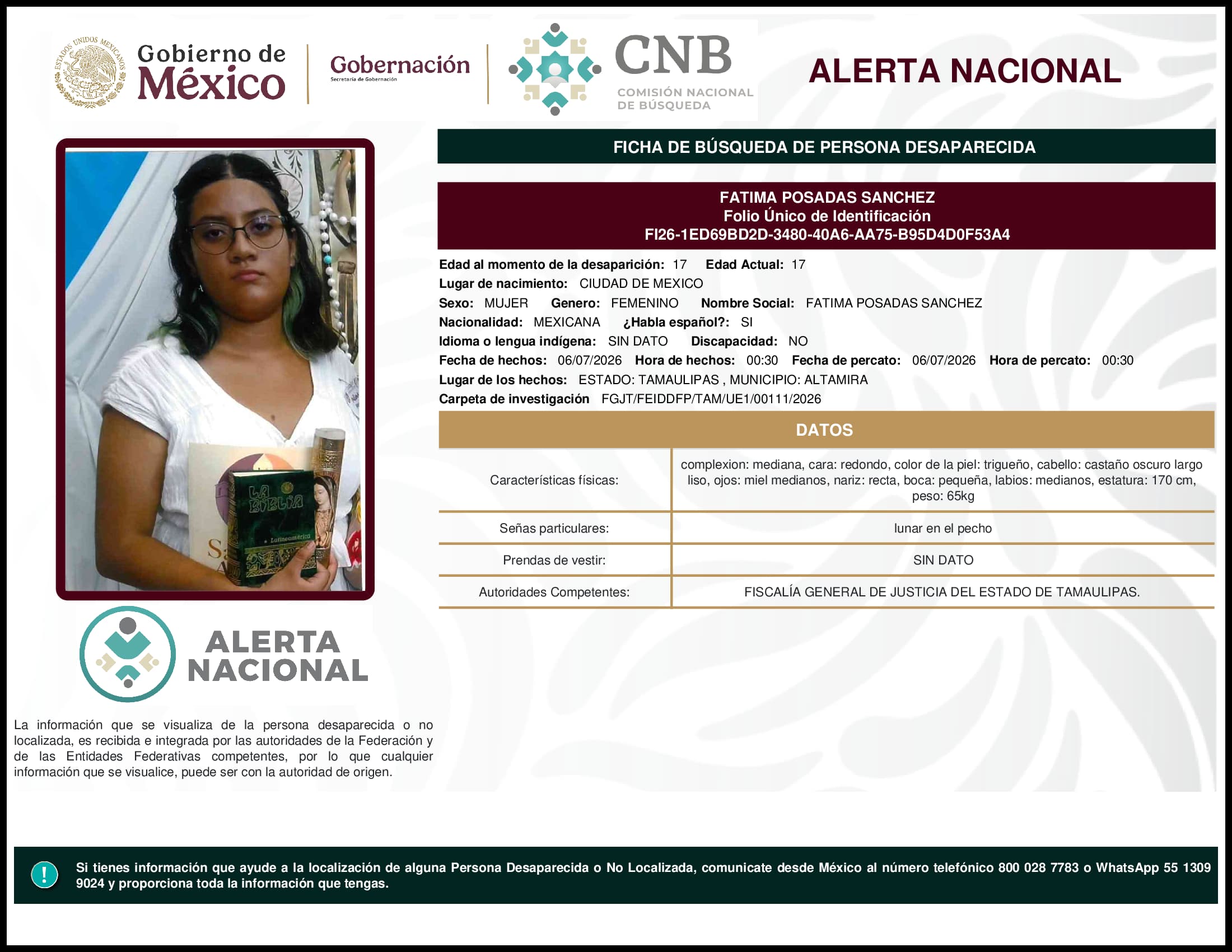 Persona desaparecida Fatima Posadas Sanchez