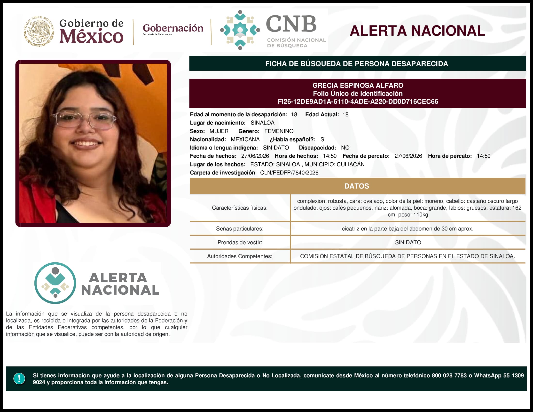 Persona desaparecida Grecia Espinosa Alfaro
