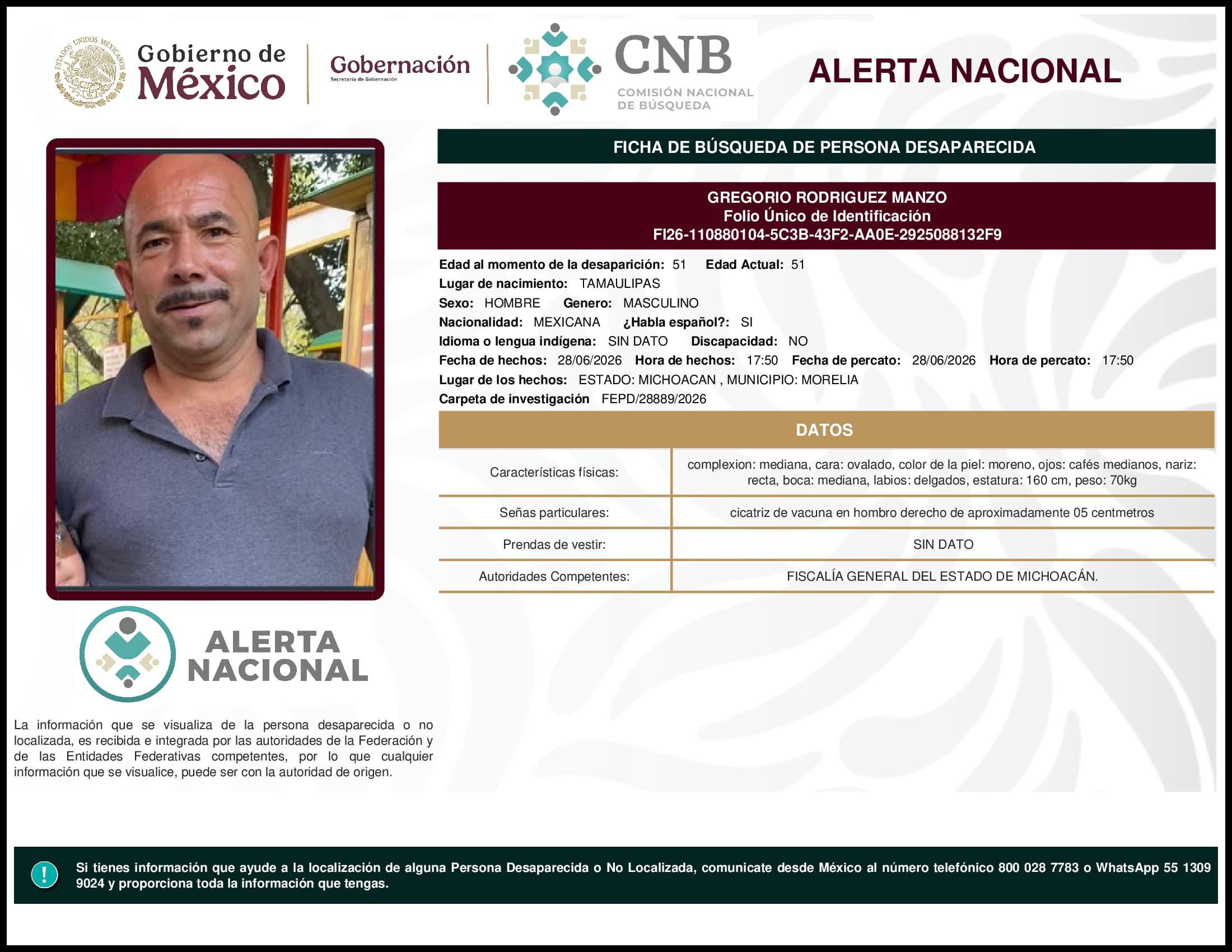 Persona desaparecida Gregorio Rodriguez Manzo