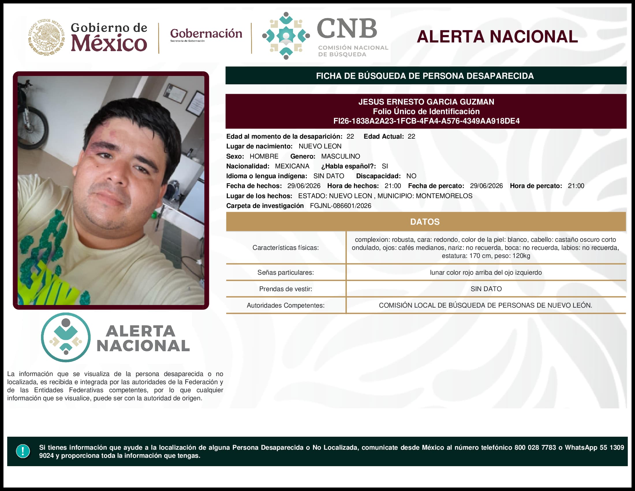 Persona desaparecida Jesus Ernesto Garcia Guzman
