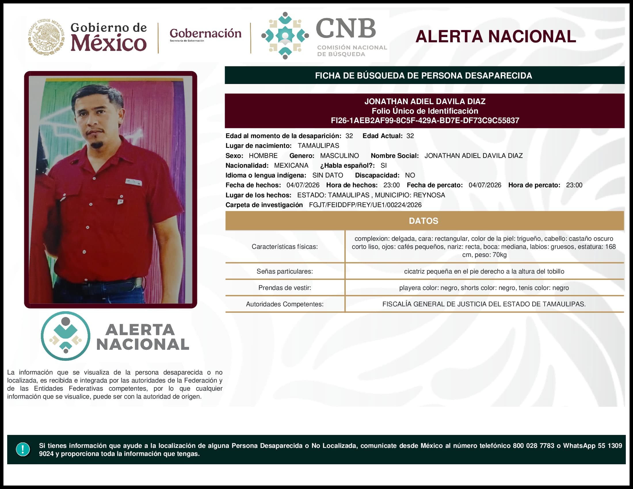 Persona desaparecida Jonathan Adiel Davila Diaz