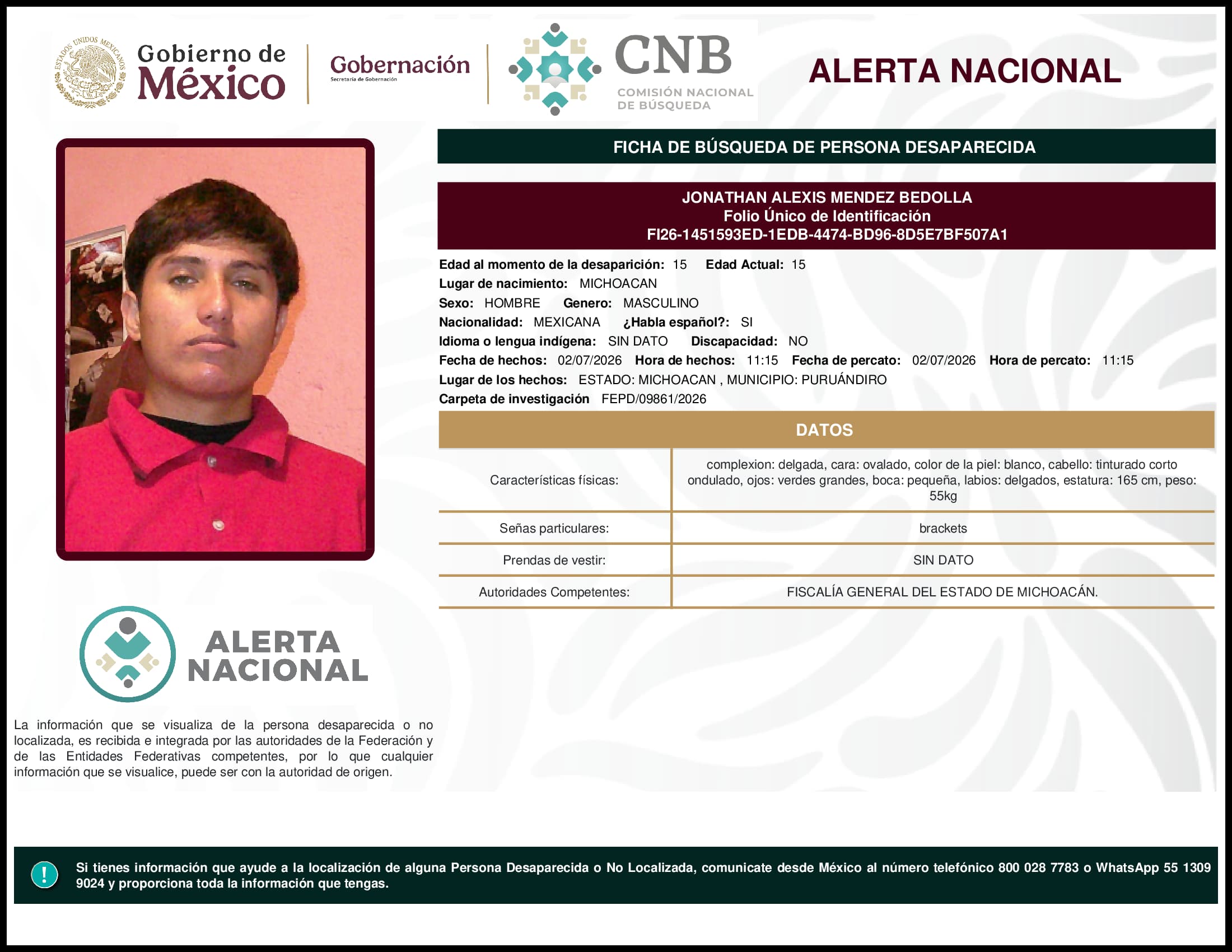 Persona desaparecida Jonathan Alexis Mendez Bedolla