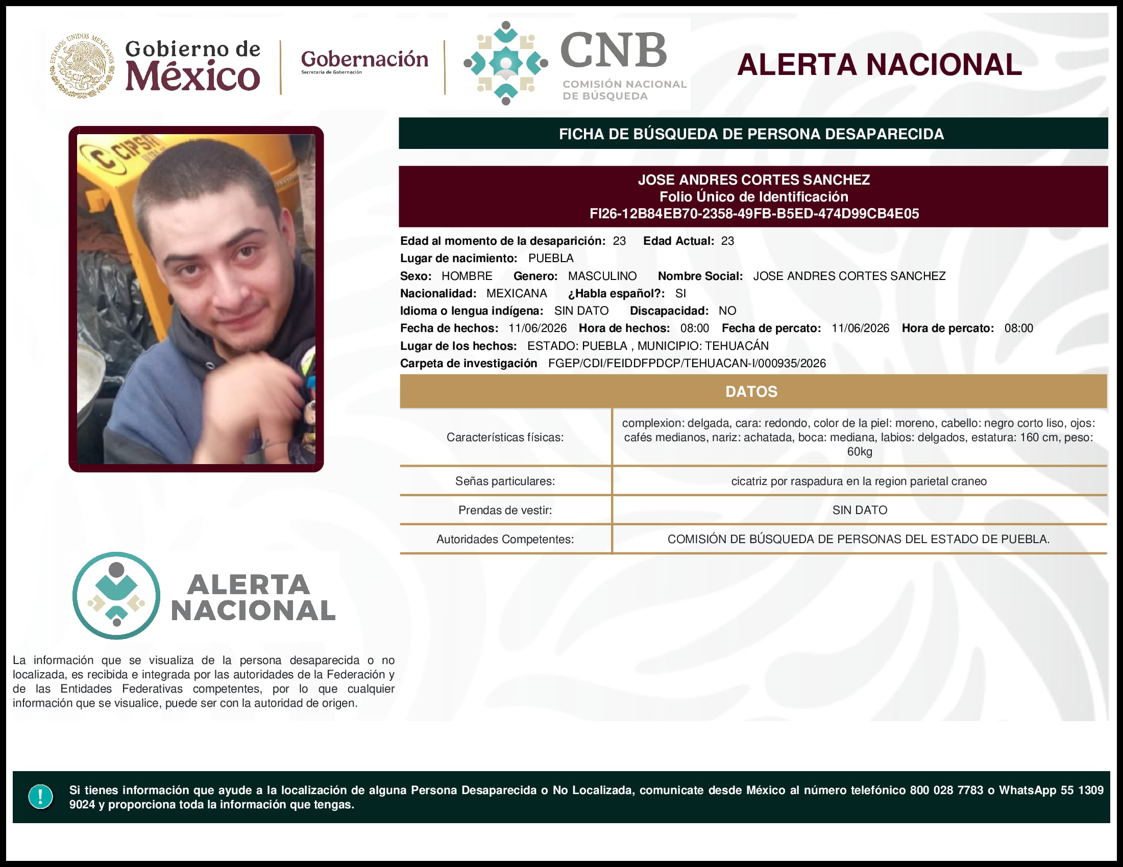 Persona desaparecida Jose Andres Cortes Sanchez