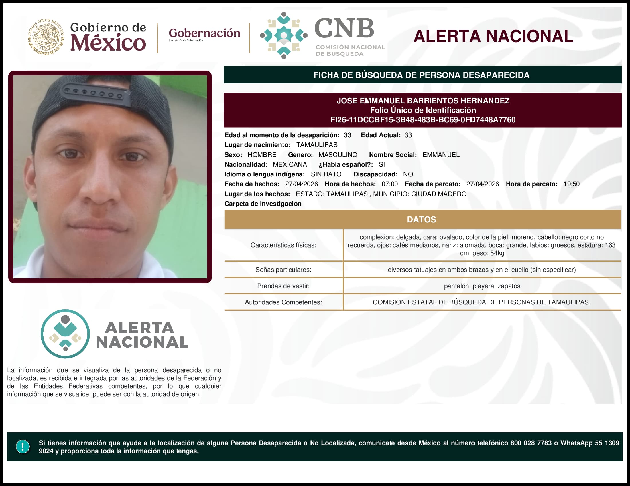 Persona desaparecida Jose Emmanuel Barrientos Hernandez