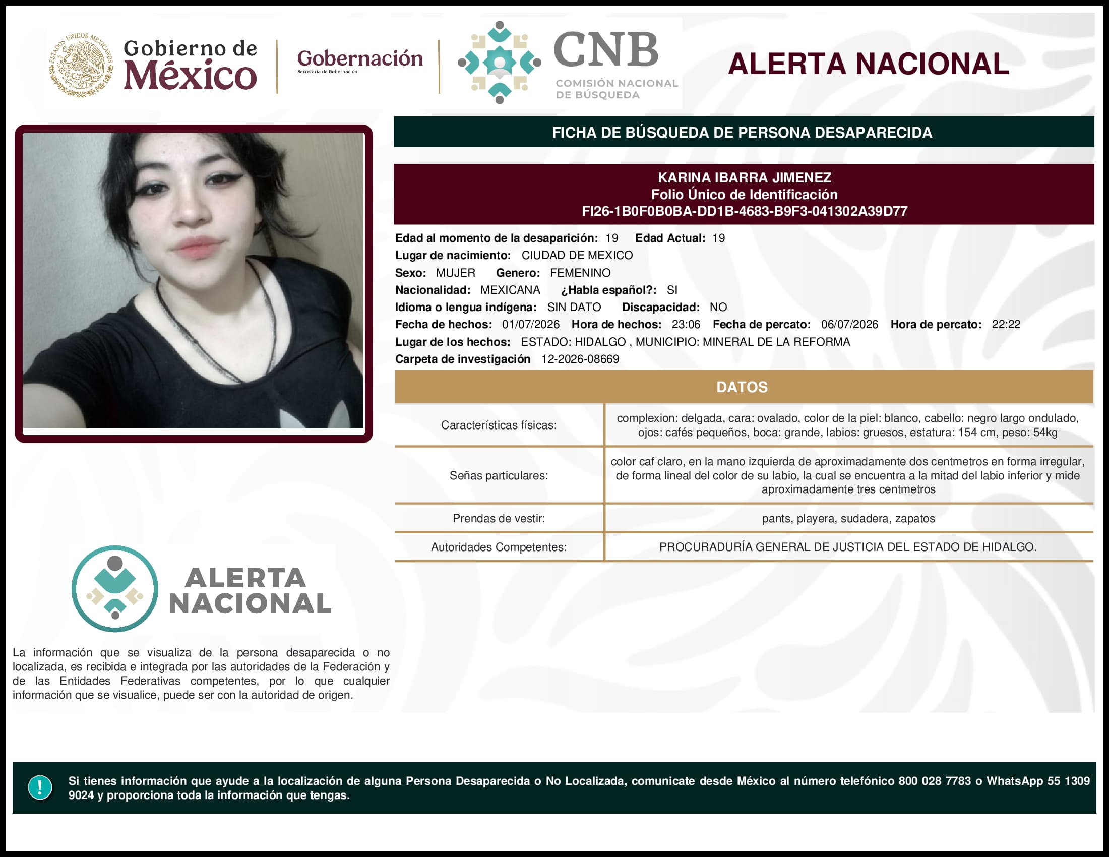 Persona desaparecida Karina Ibarra Jimenez
