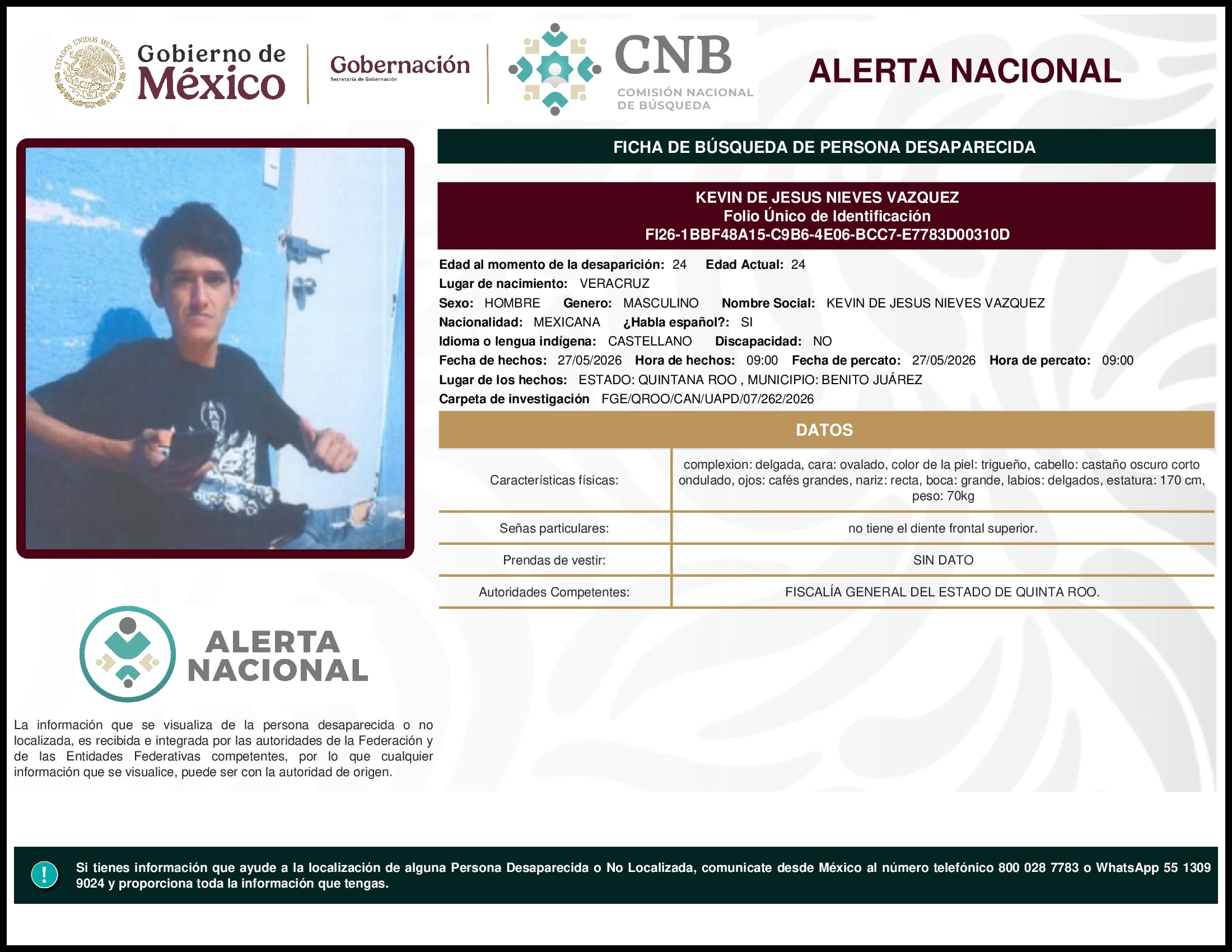 Persona desaparecida Kevin De Jesus Nieves Vazquez