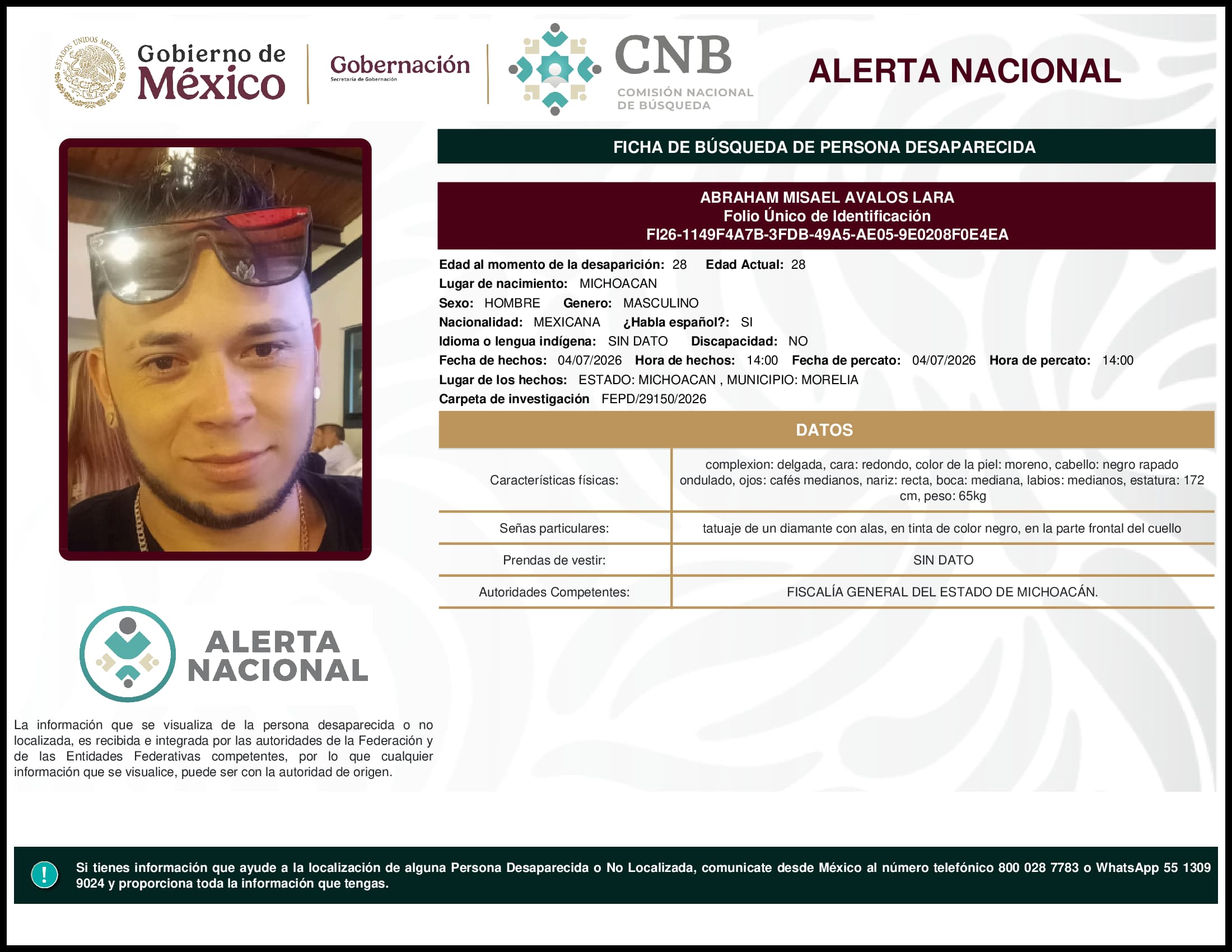 Persona desaparecida Abraham Misael Avalos Lara