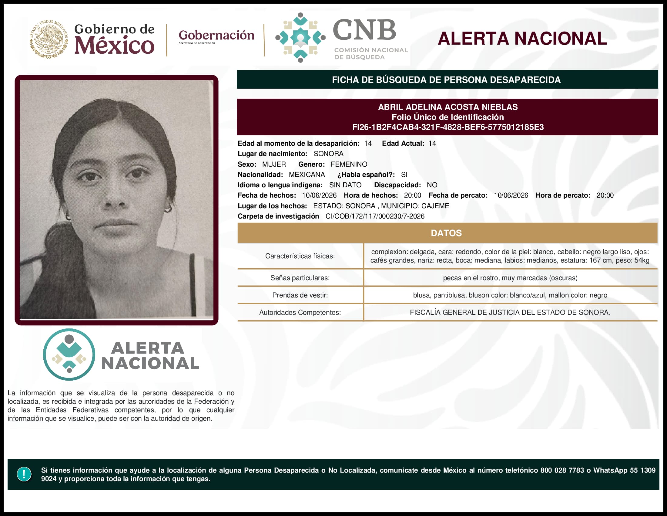 Persona desaparecida Abril Adelina Acosta Nieblas