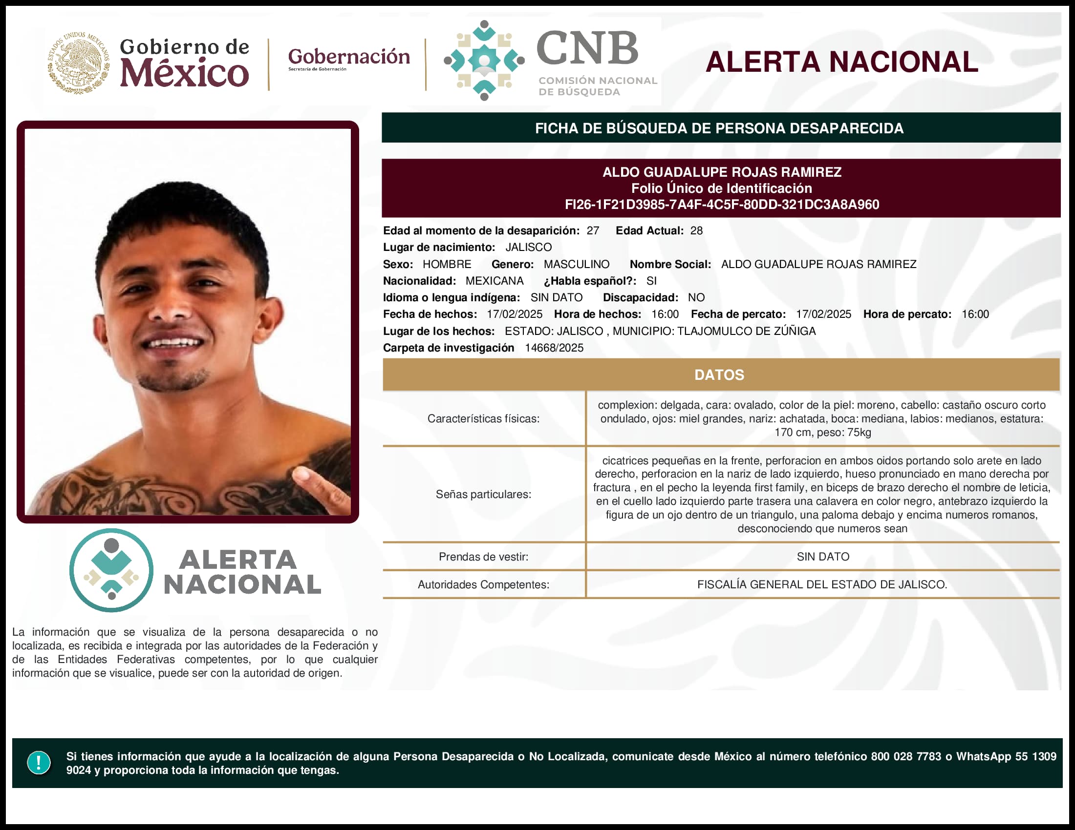 Persona desaparecida Aldo Guadalupe Rojas Ramirez