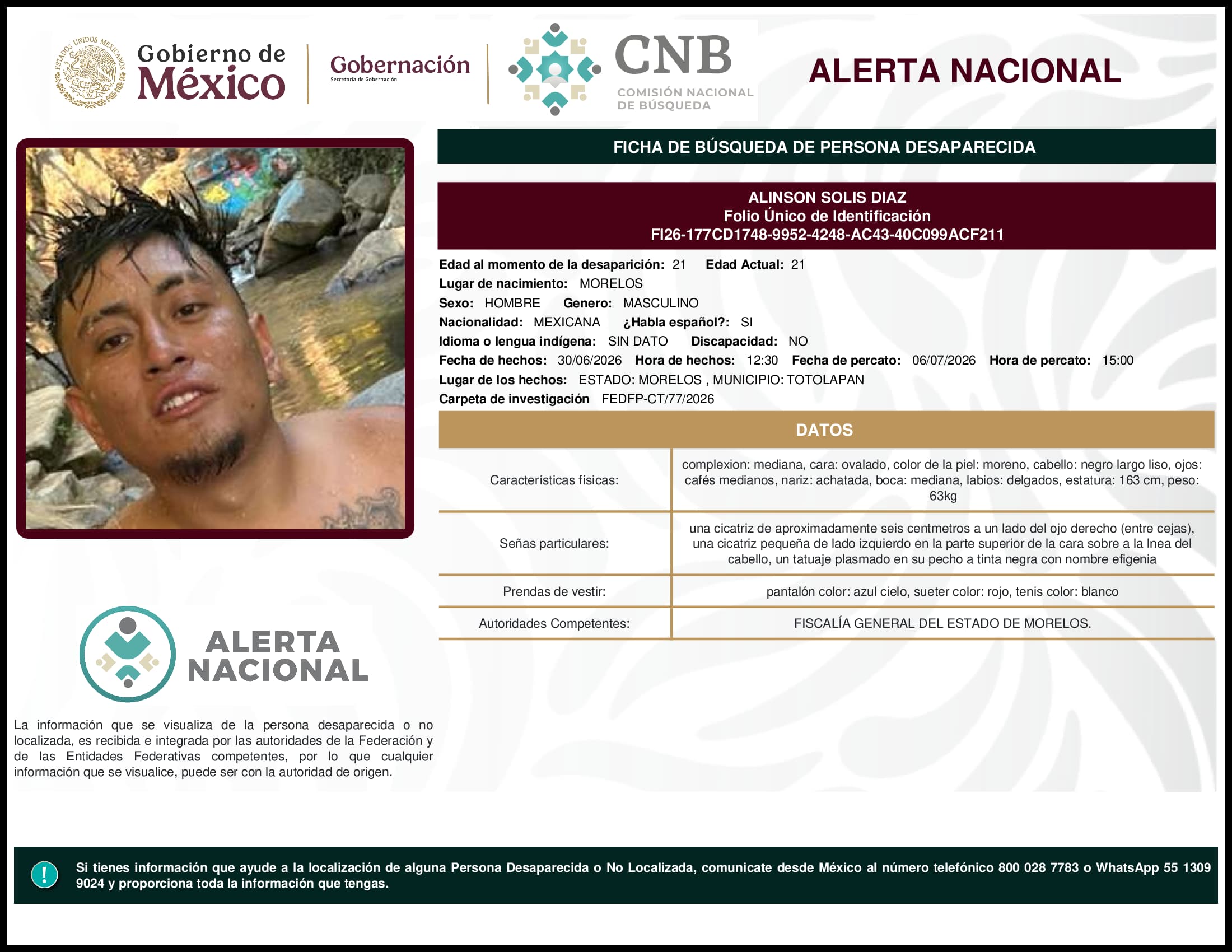 Persona desaparecida Alinson Solis Diaz