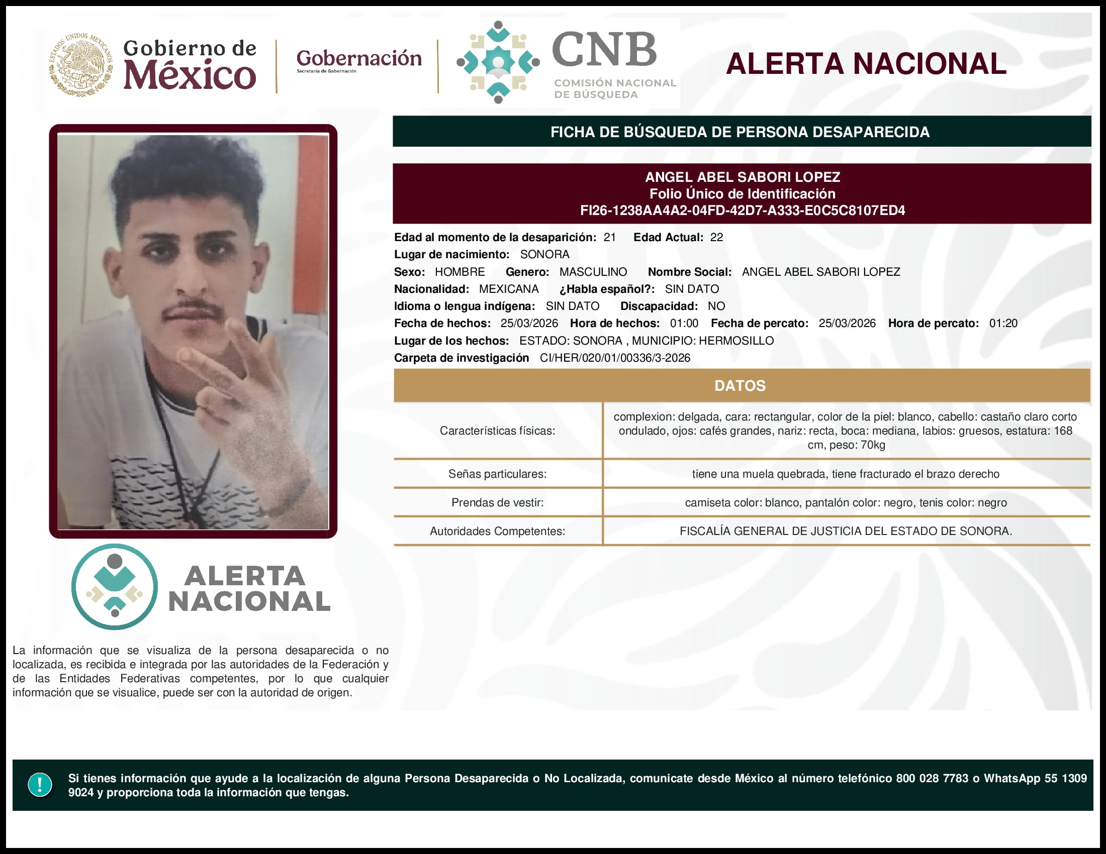 Persona desaparecida Angel Abel Sabori Lopez