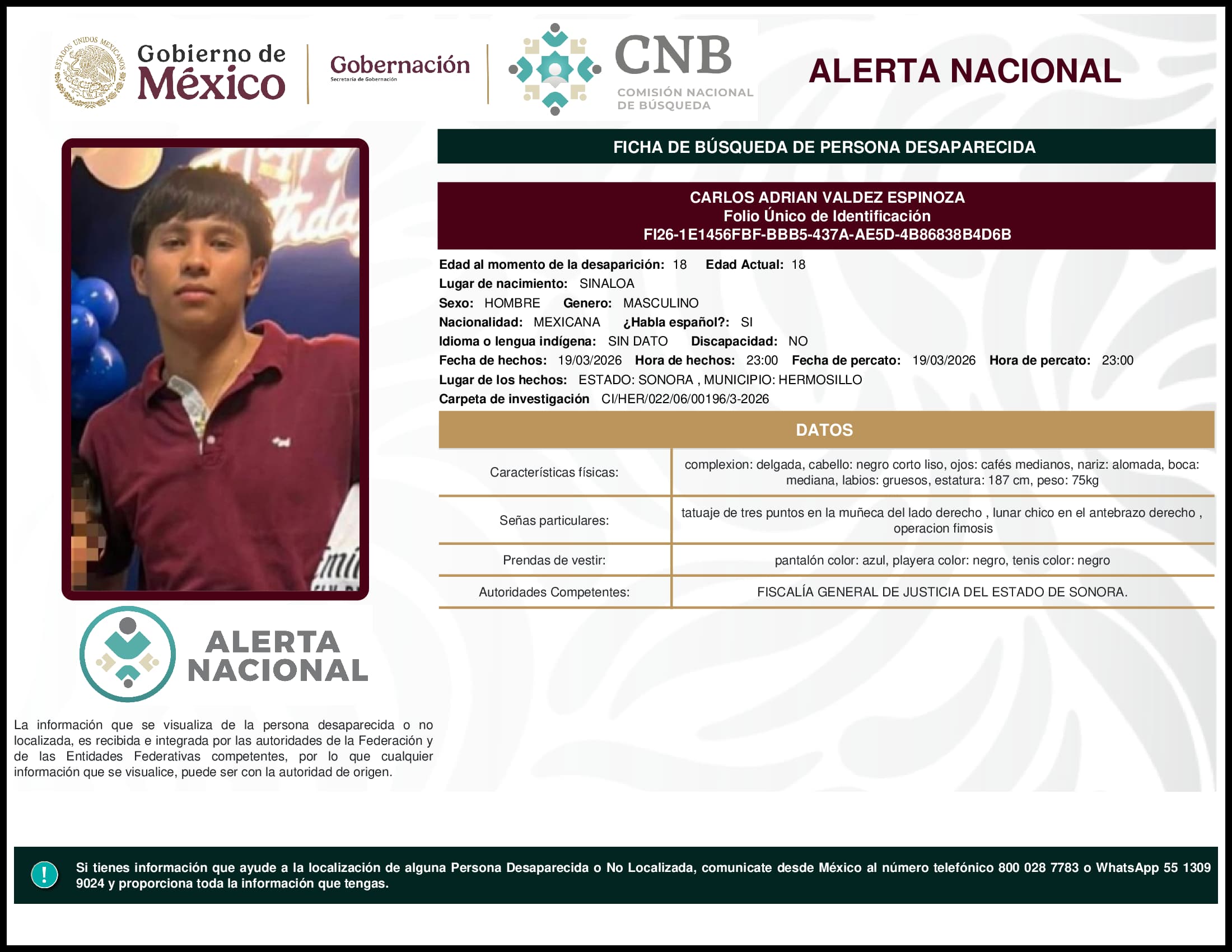Persona desaparecida Carlos Adrian Valdez Espinoza