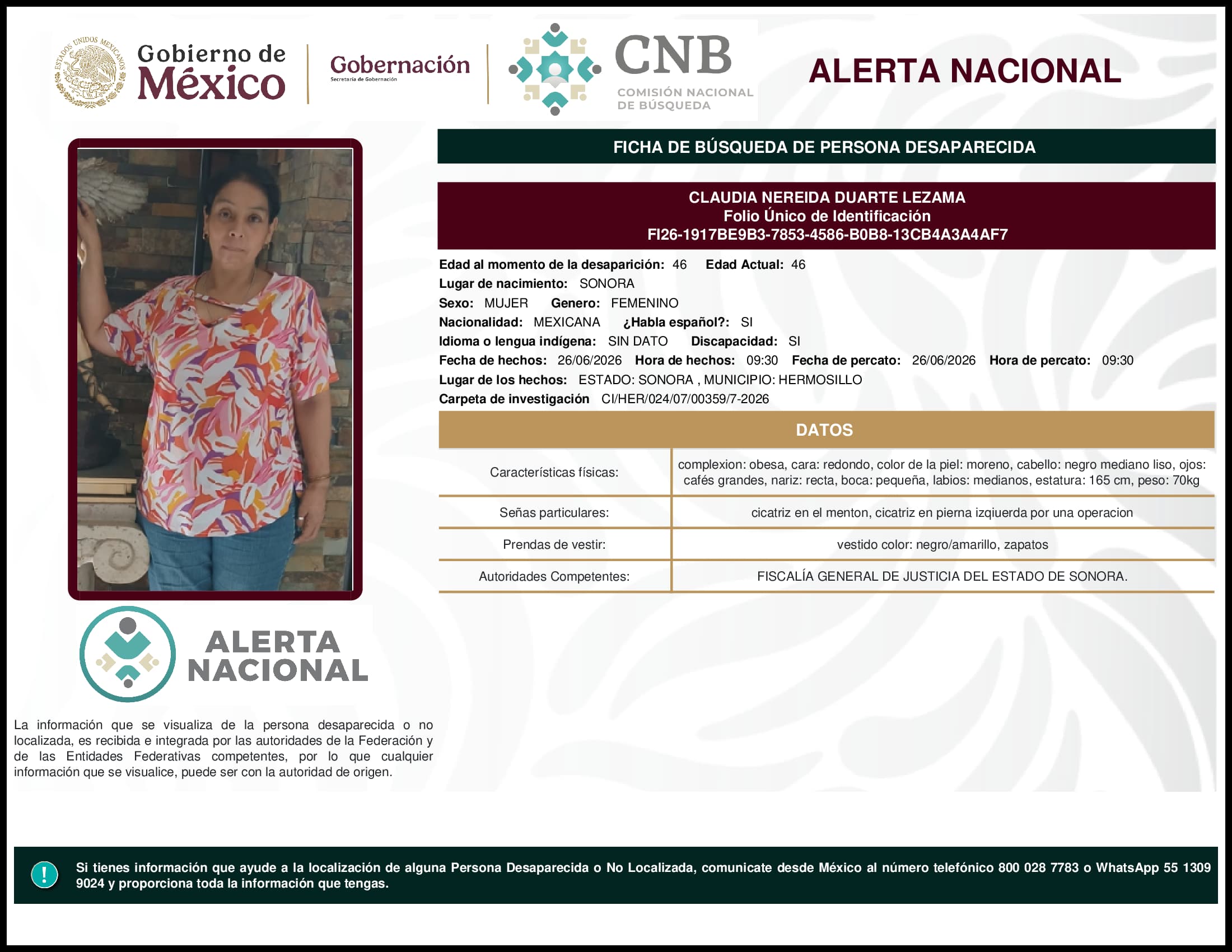 Persona desaparecida Claudia Nereida Duarte Lezama