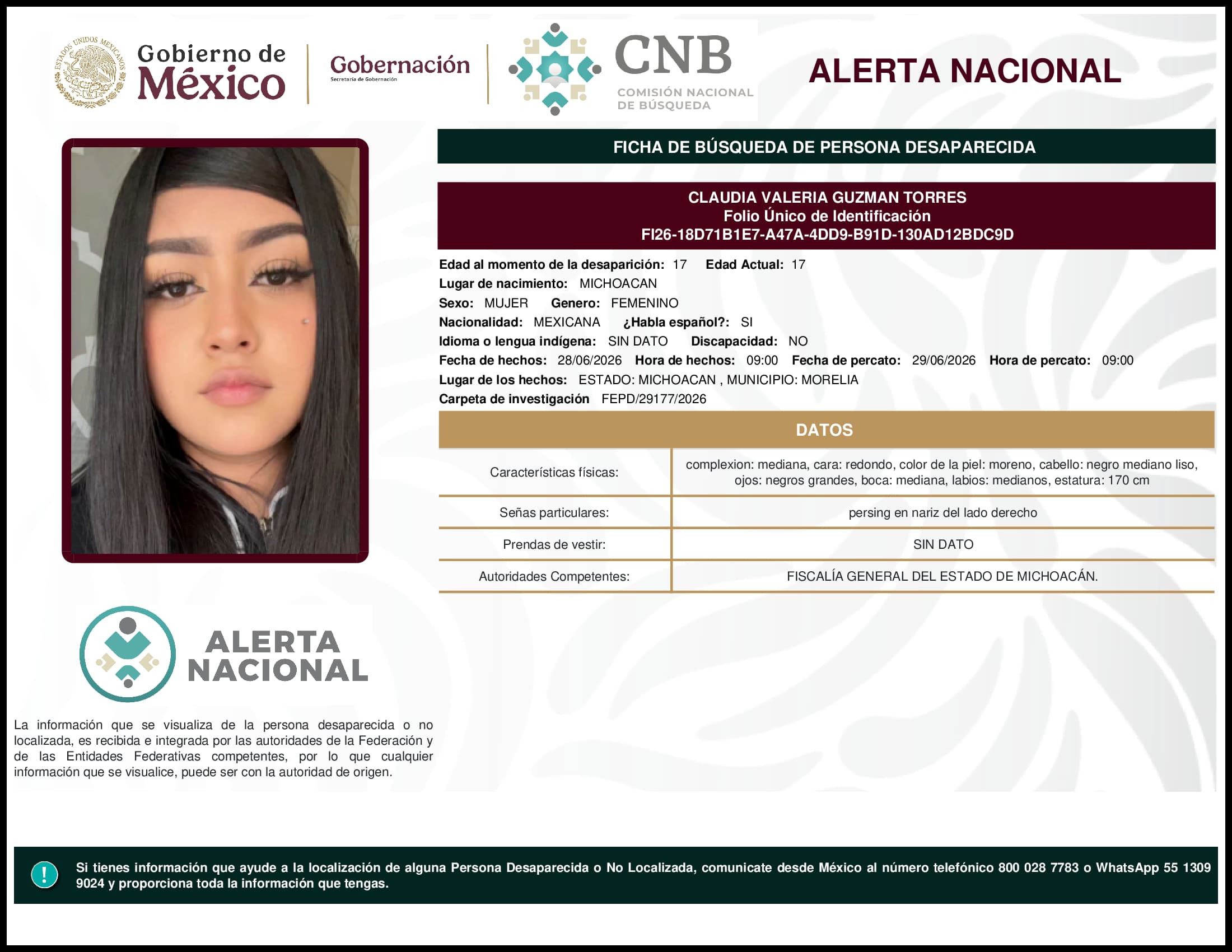 Persona desaparecida Claudia Valeria Guzman Torres