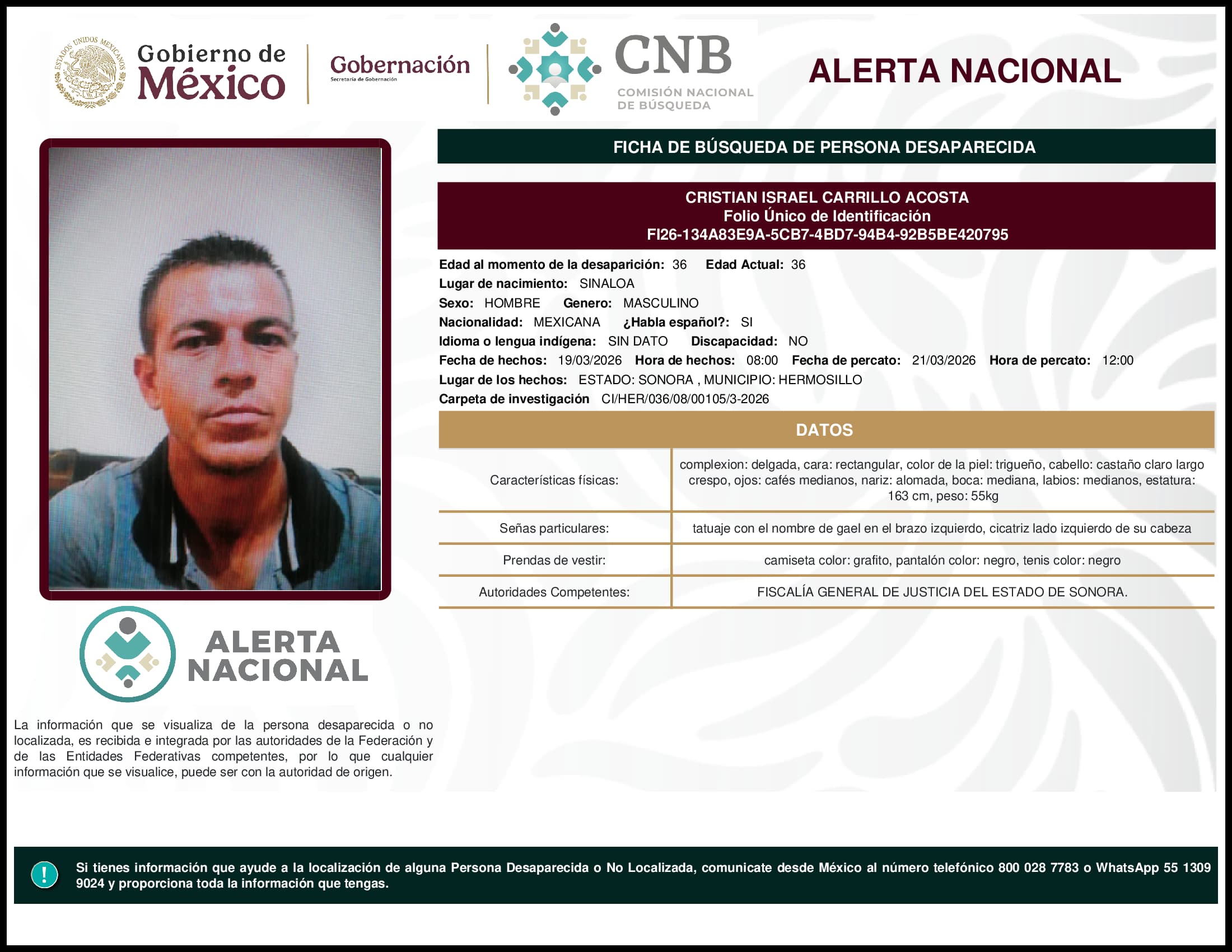 Persona desaparecida Cristian Israel Carrillo Acosta