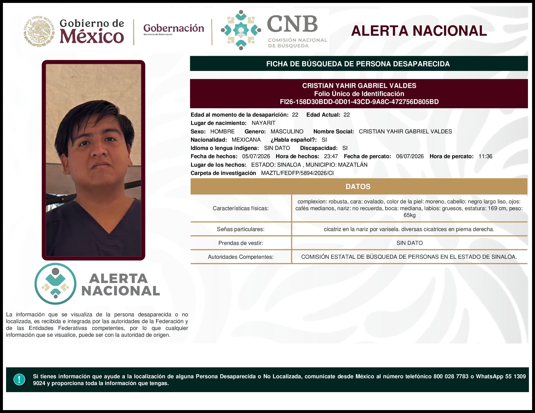 Persona desaparecida Cristian Yahir Gabriel Valdes