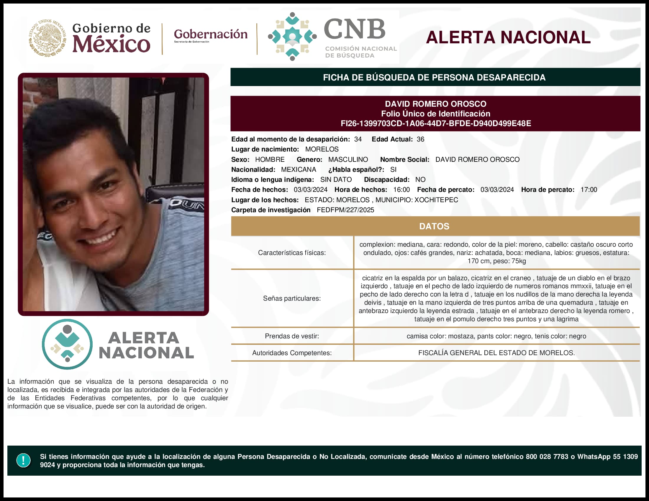 Persona desaparecida David Romero Orosco