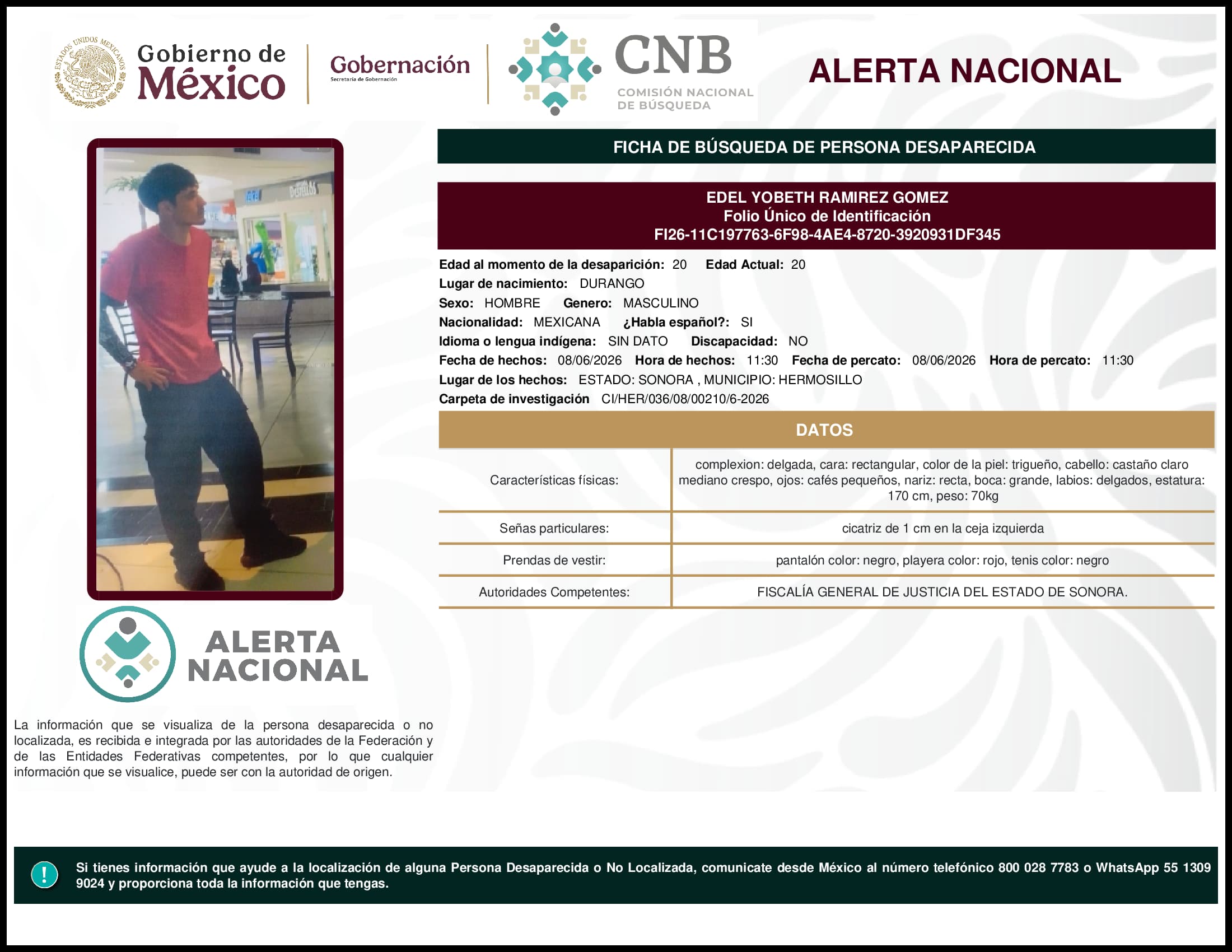 Persona desaparecida Edel Yobeth Ramirez Gomez